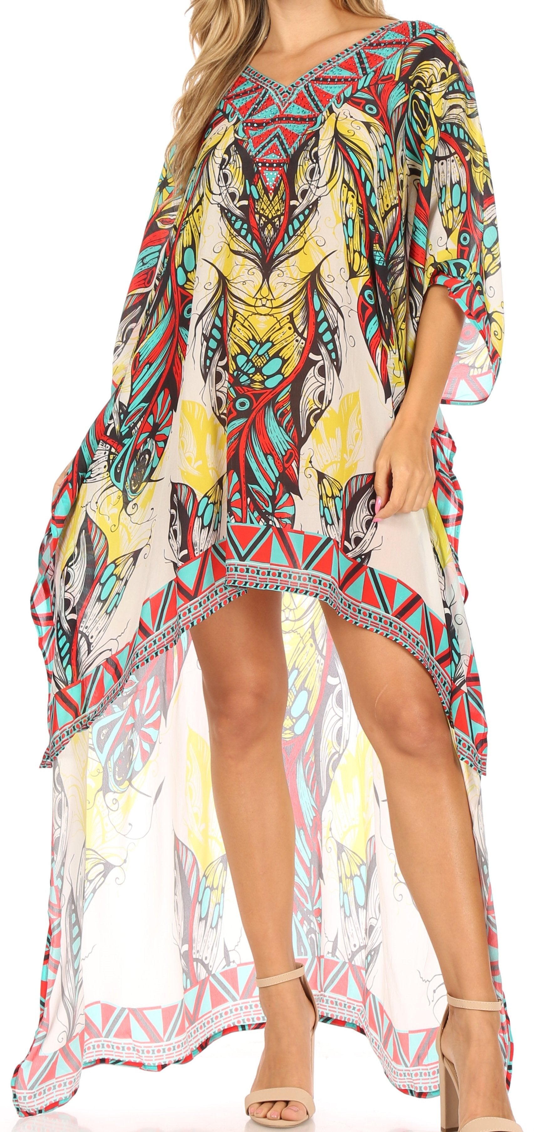 Sakkas Laisson Flowy Hi Low Caftan Rhinestone Boxy V Neck Dress Top Cover / Up - Concordia Style Boutique