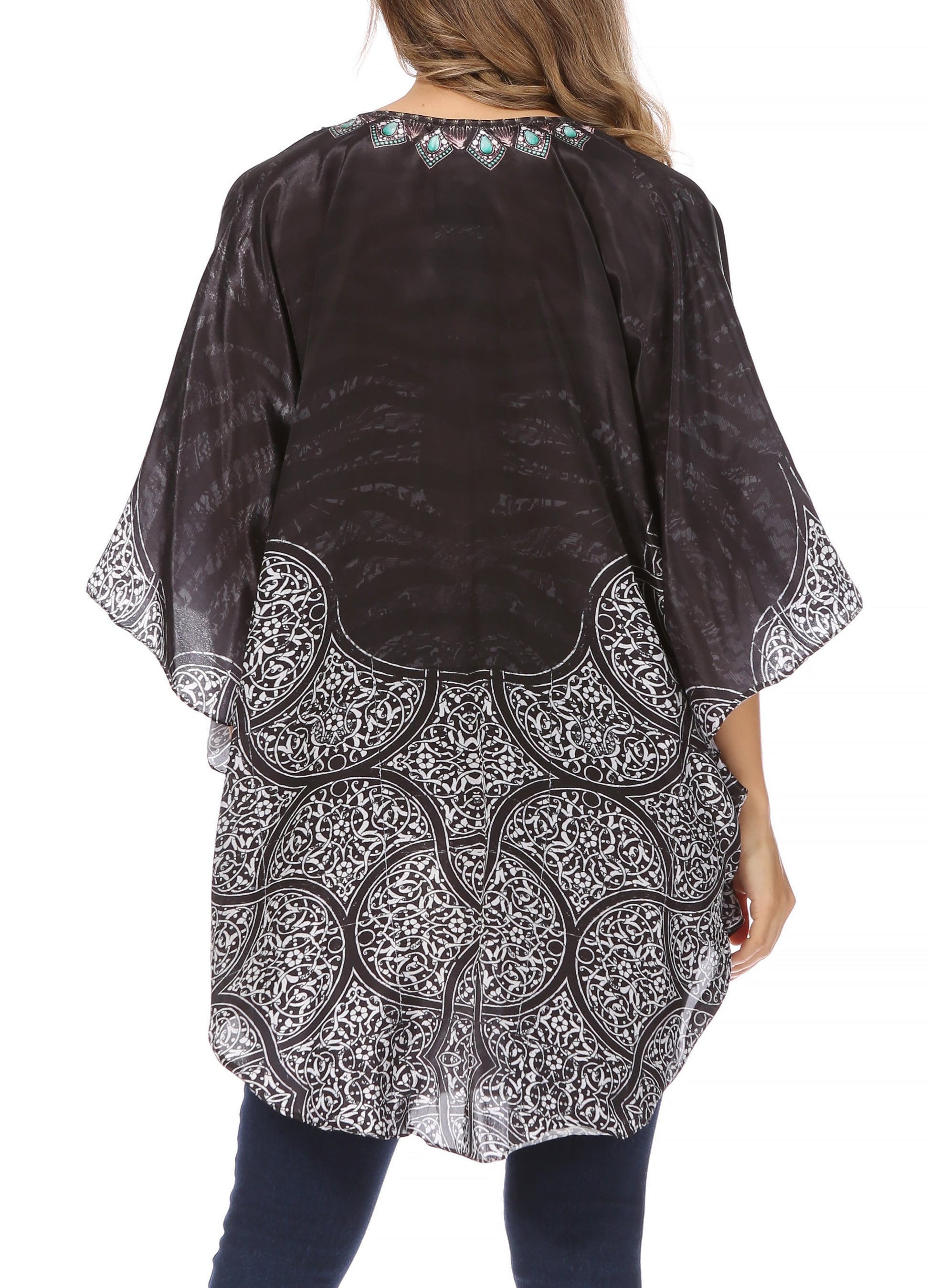 Sakkas Tallulah Wide Circle Blouse V Neck Top With Tassle Ties And Rhinestones - Concordia Style Boutique