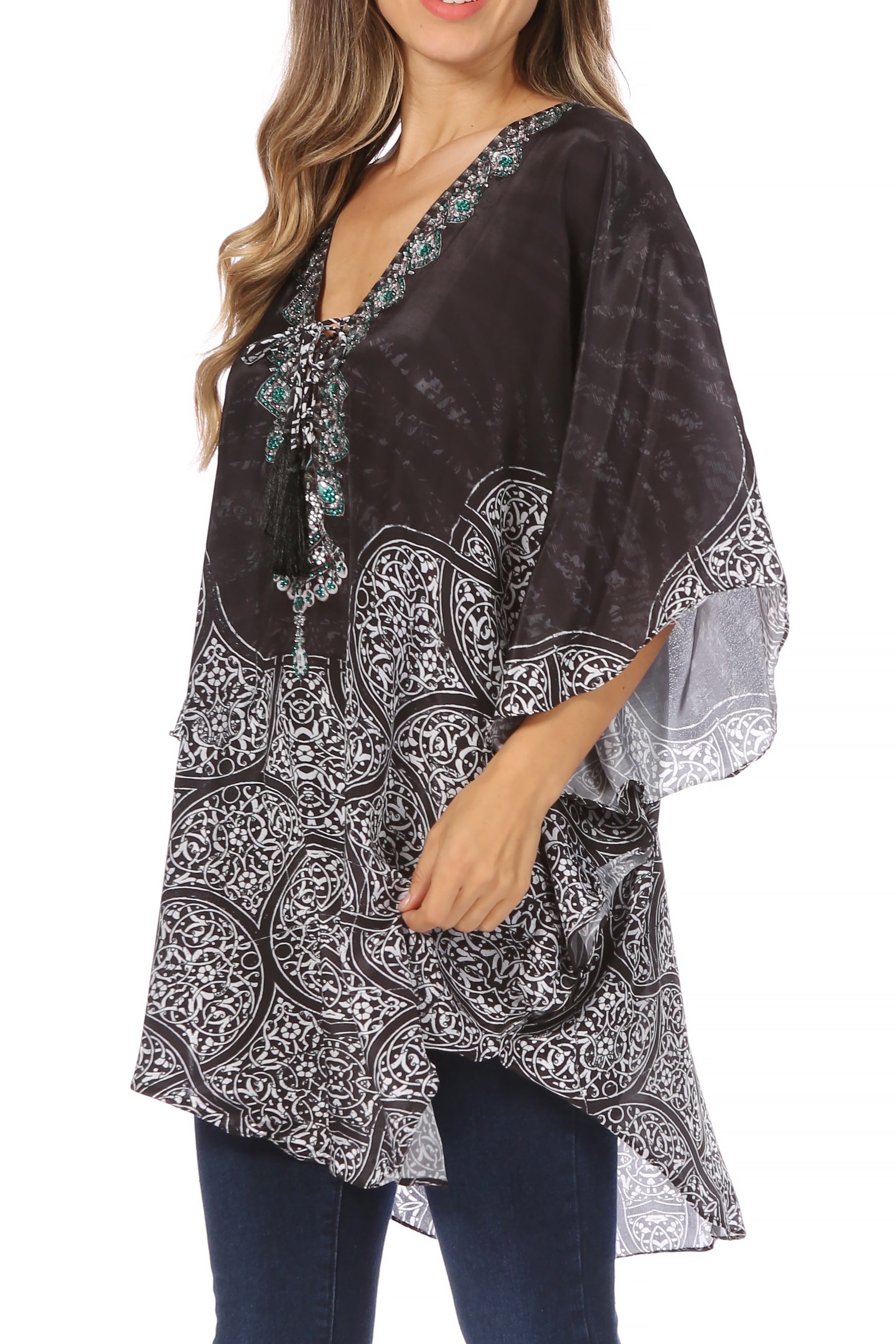 Sakkas Tallulah Wide Circle Blouse V Neck Top With Tassle Ties And Rhinestones - Concordia Style Boutique