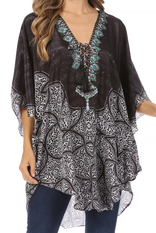 Sakkas Tallulah Wide Circle Blouse V Neck Top With Tassle Ties And Rhinestones - Concordia Style Boutique