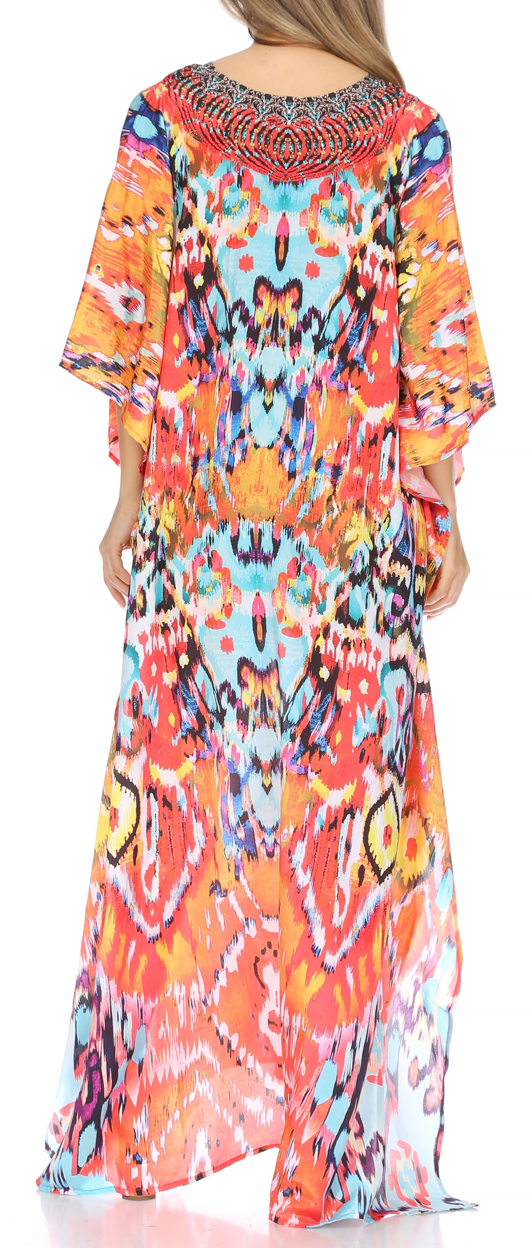 Sakkas Georgettina Flowy Rhinestone V Neck Long Caftan Dress/Cover Up - Concordia Style Boutique