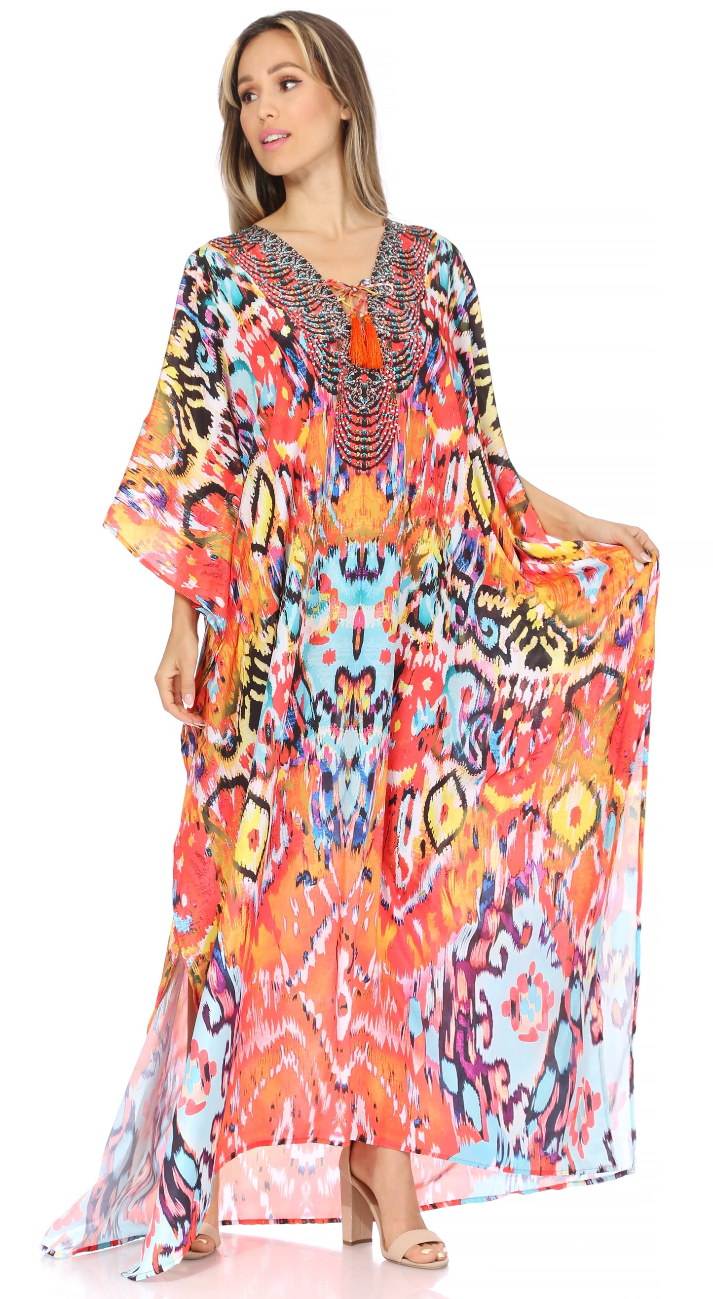 Sakkas Georgettina Flowy Rhinestone V Neck Long Caftan Dress/Cover Up - Concordia Style Boutique