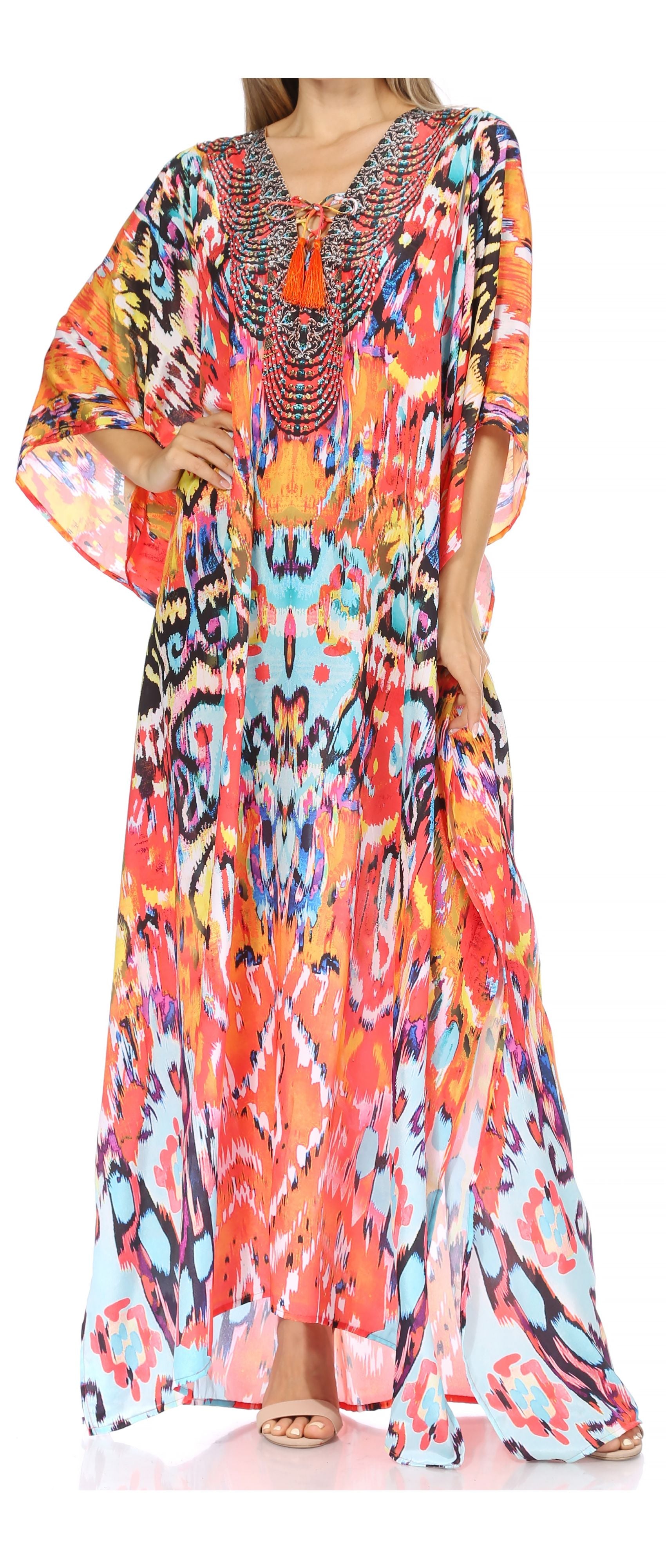 Sakkas Georgettina Flowy Rhinestone V Neck Long Caftan Dress/Cover Up - Concordia Style Boutique
