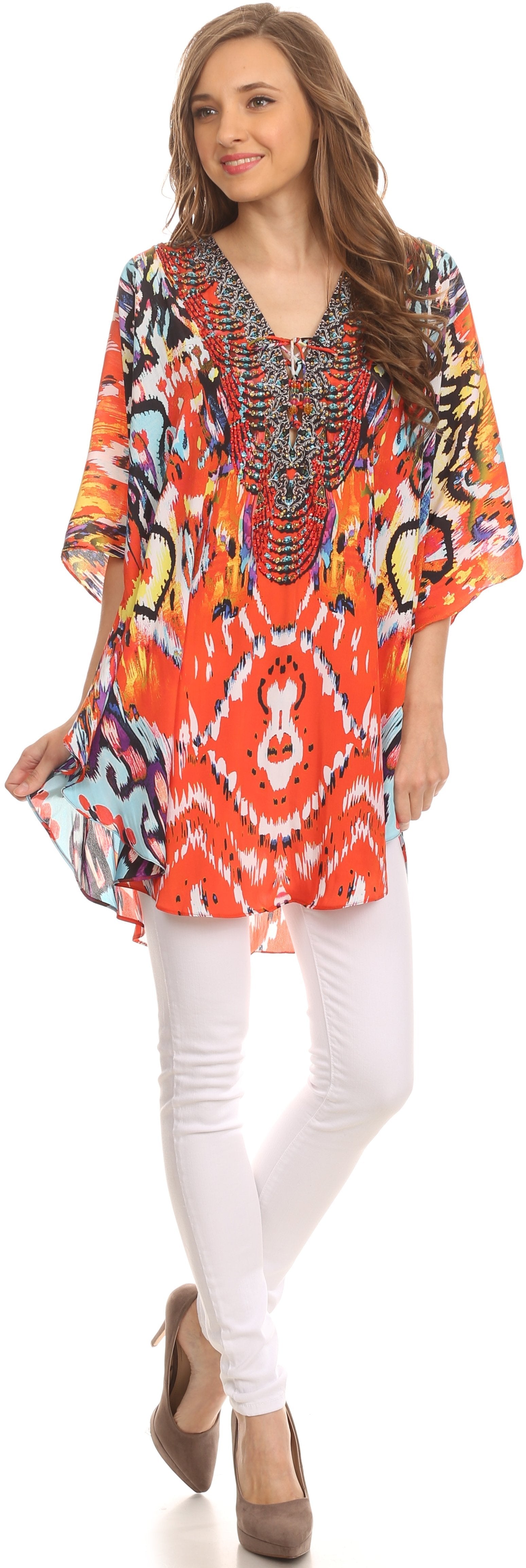 Sakkas Tallulah Wide Circle Blouse V Neck Top With Tassle Ties And Rhinestones - Concordia Style Boutique