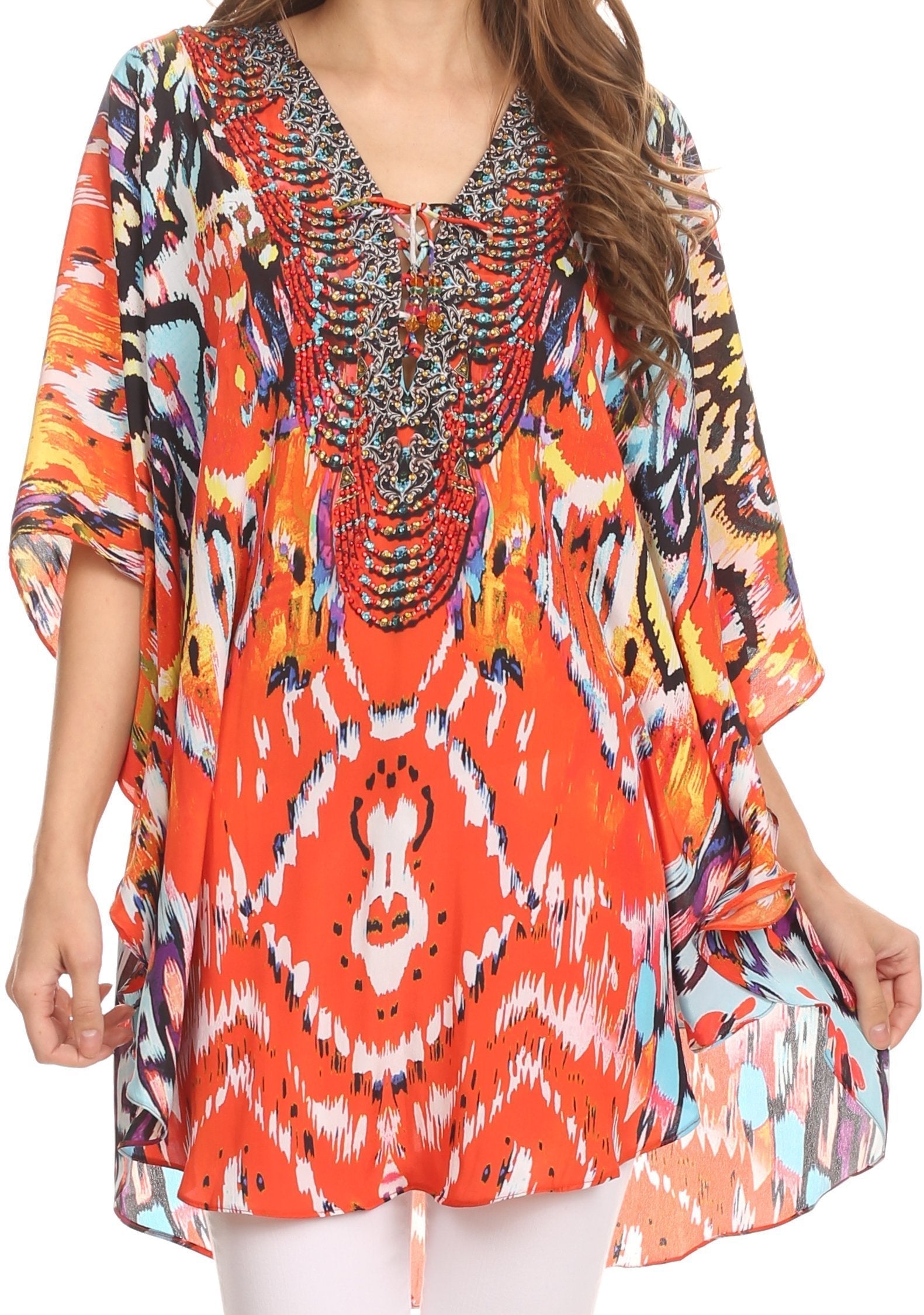 Sakkas Tallulah Wide Circle Blouse V Neck Top With Tassle Ties And Rhinestones - Concordia Style Boutique