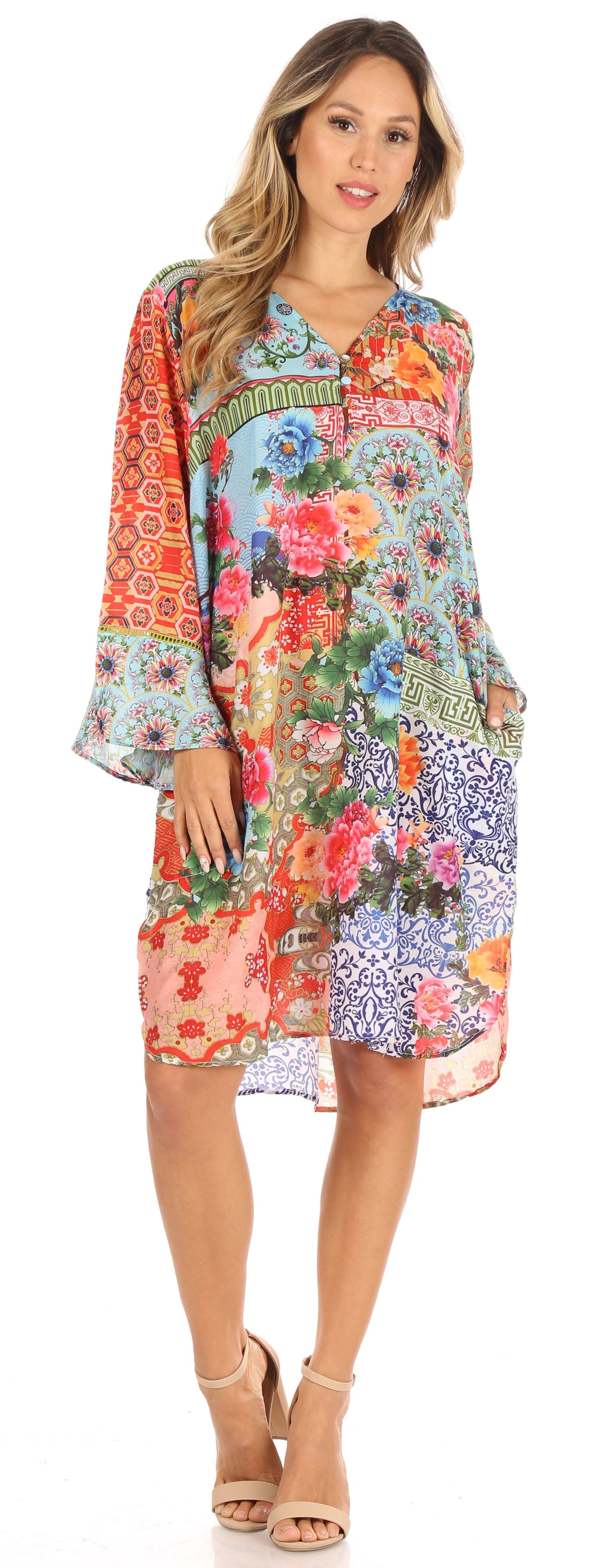 Sakkas Ximena Women's Floral Boho Cocktail Dress Tunic Cover-up V neck Summer - Concordia Style Boutique