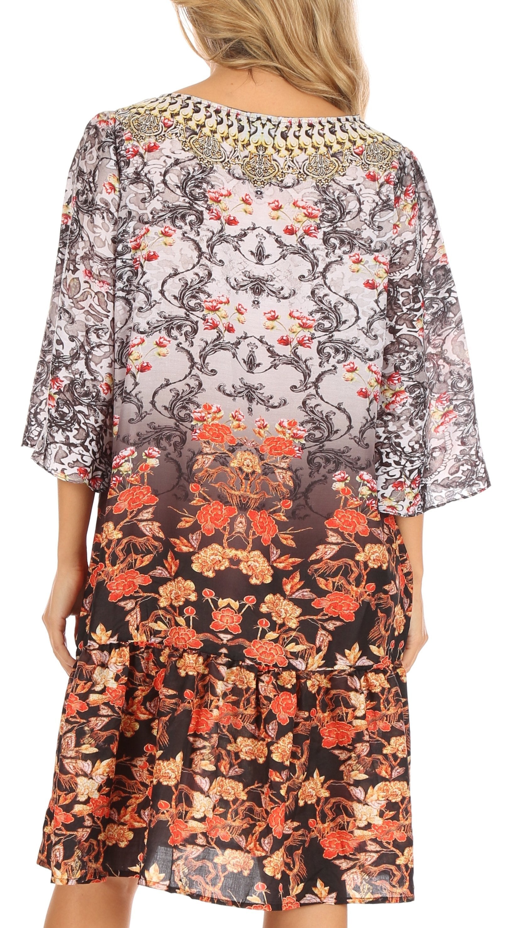 Sakkas Dona Women's Casual Swing 3/4 Sleeve Floral Print Boho Cocktail Midi Dress - Concordia Style Boutique