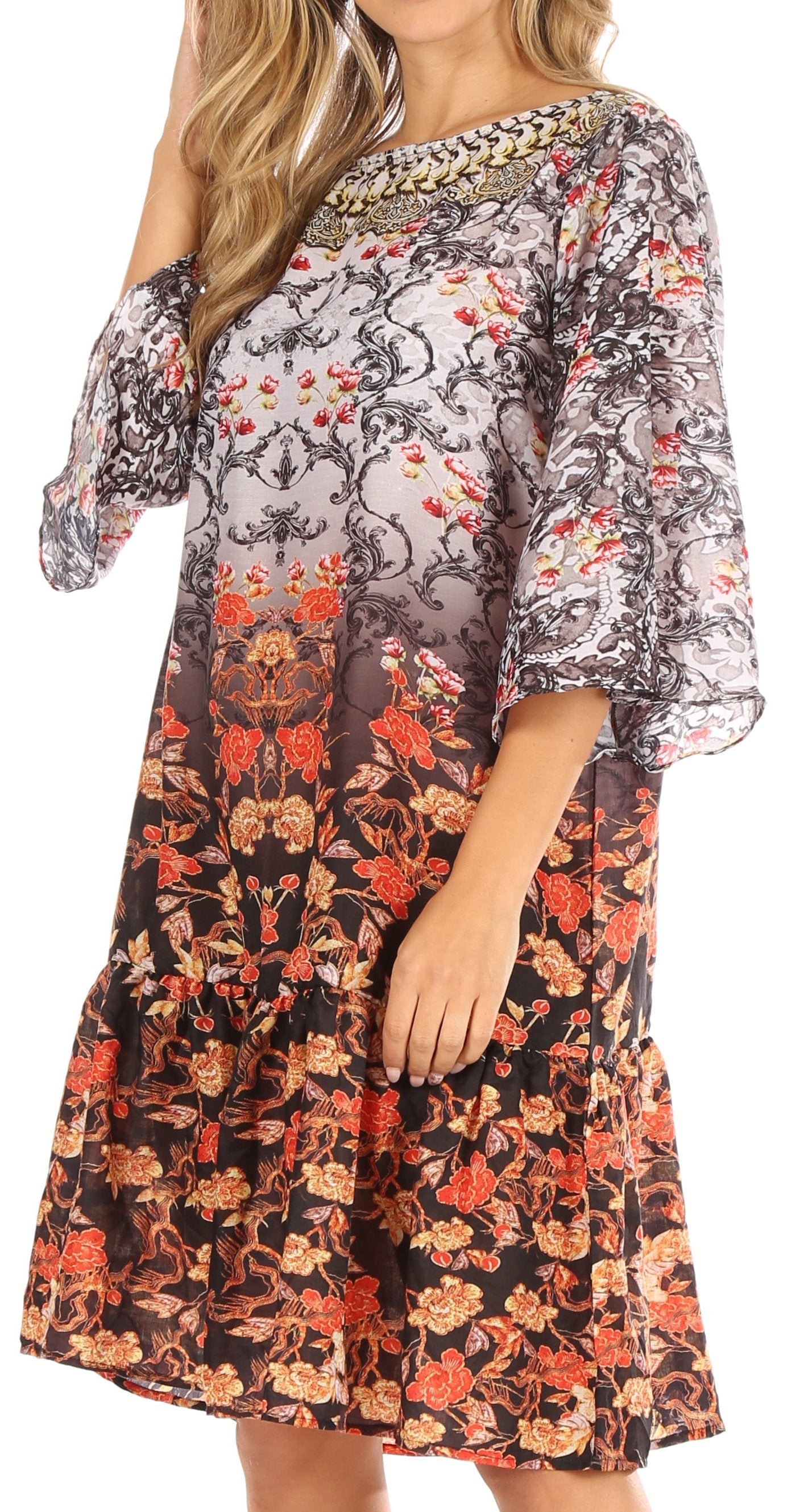 Sakkas Dona Women's Casual Swing 3/4 Sleeve Floral Print Boho Cocktail Midi Dress - Concordia Style Boutique