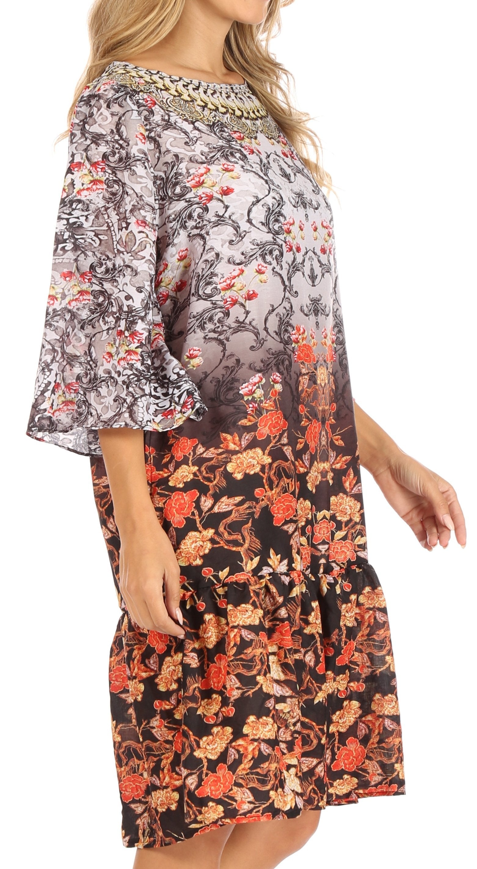 Sakkas Dona Women's Casual Swing 3/4 Sleeve Floral Print Boho Cocktail Midi Dress - Concordia Style Boutique