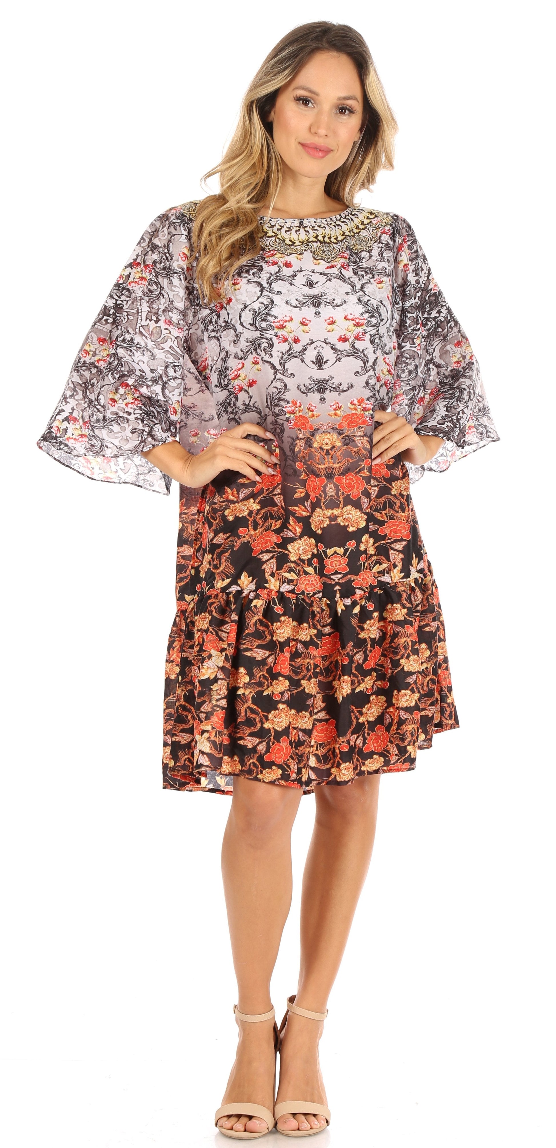 Sakkas Dona Women's Casual Swing 3/4 Sleeve Floral Print Boho Cocktail Midi Dress - Concordia Style Boutique