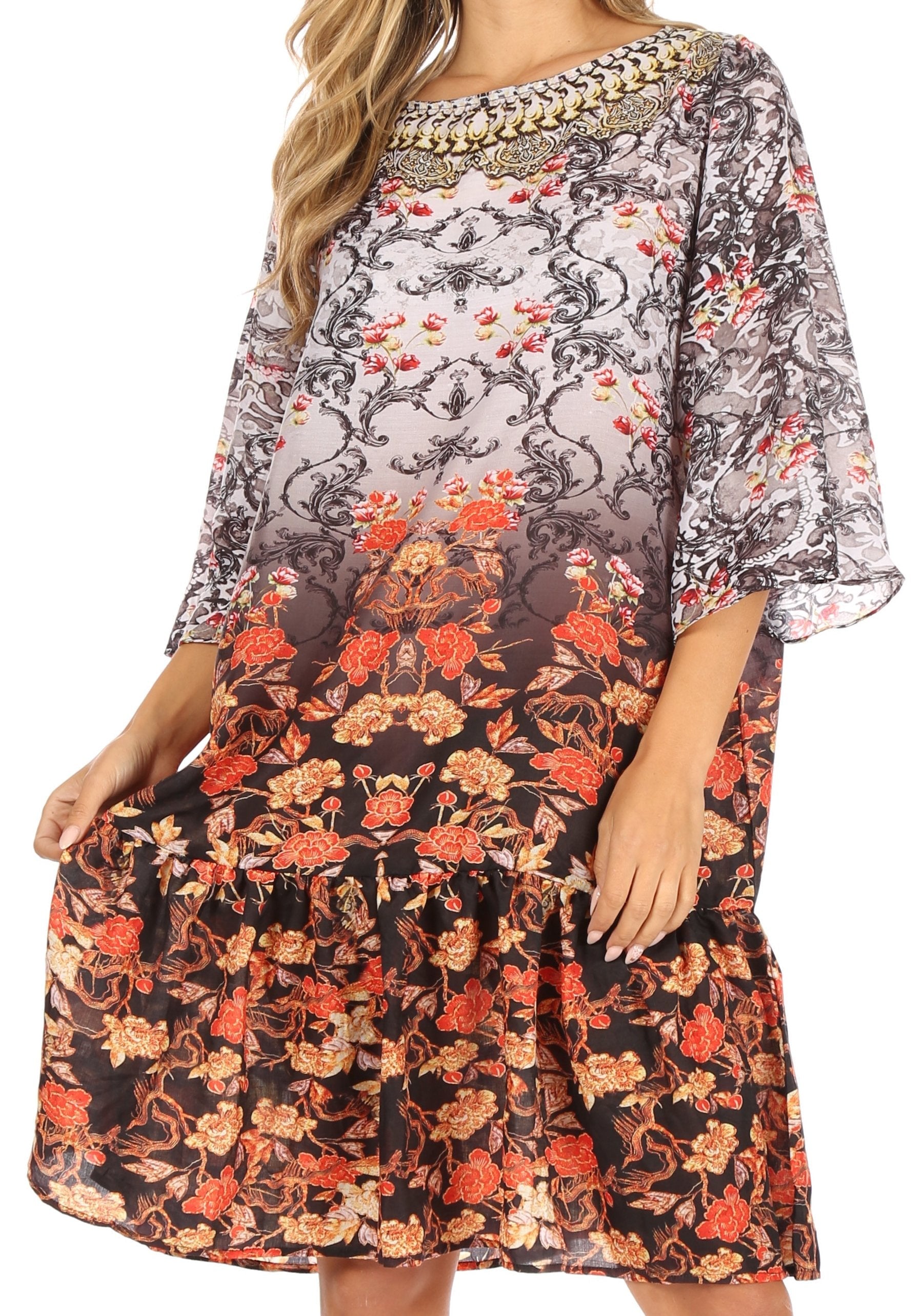 Sakkas Dona Women's Casual Swing 3/4 Sleeve Floral Print Boho Cocktail Midi Dress - Concordia Style Boutique
