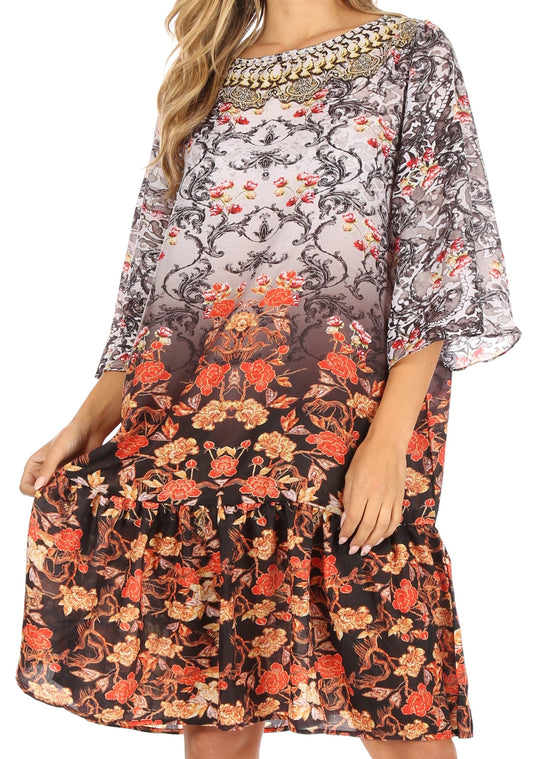 Sakkas Dona Women's Casual Swing 3/4 Sleeve Floral Print Boho Cocktail Midi Dress - Concordia Style Boutique