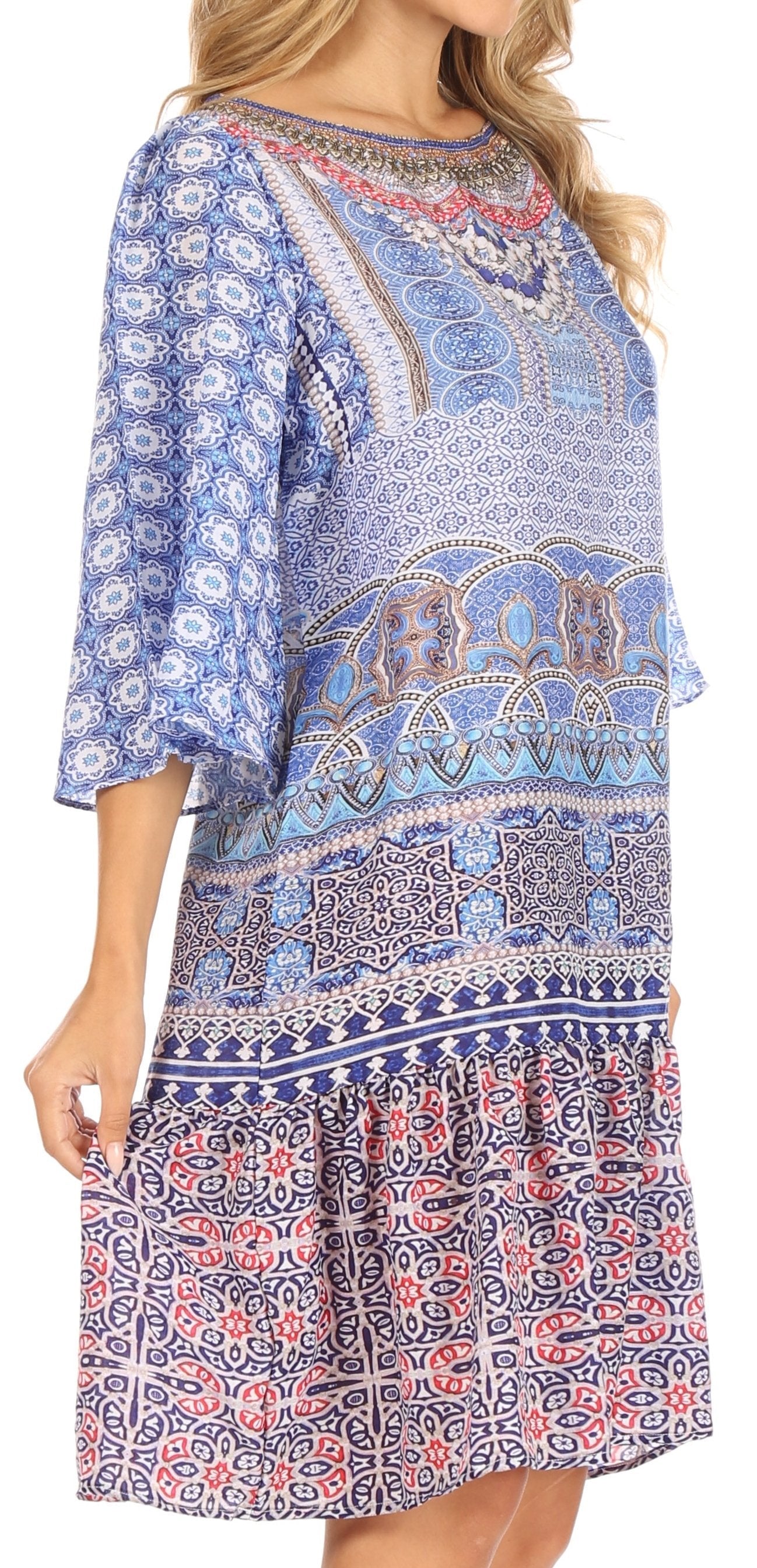 Sakkas Dona Women's Casual Swing 3/4 Sleeve Floral Print Boho Cocktail Midi Dress - Concordia Style Boutique