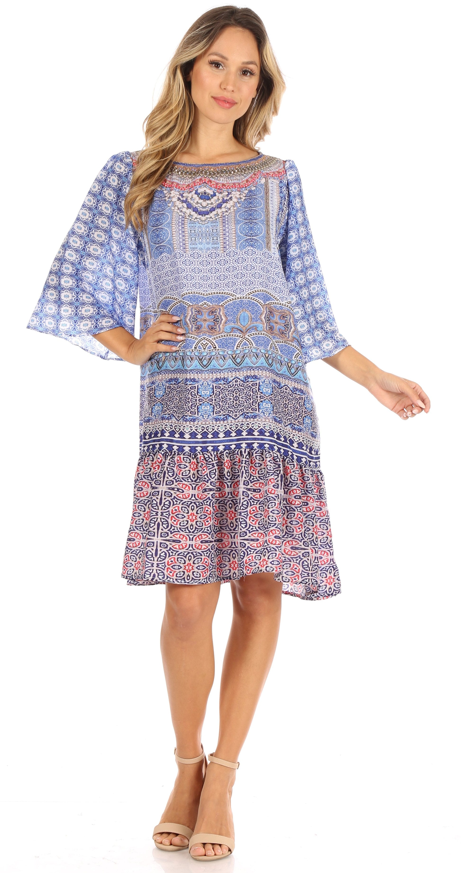 Sakkas Dona Women's Casual Swing 3/4 Sleeve Floral Print Boho Cocktail Midi Dress - Concordia Style Boutique