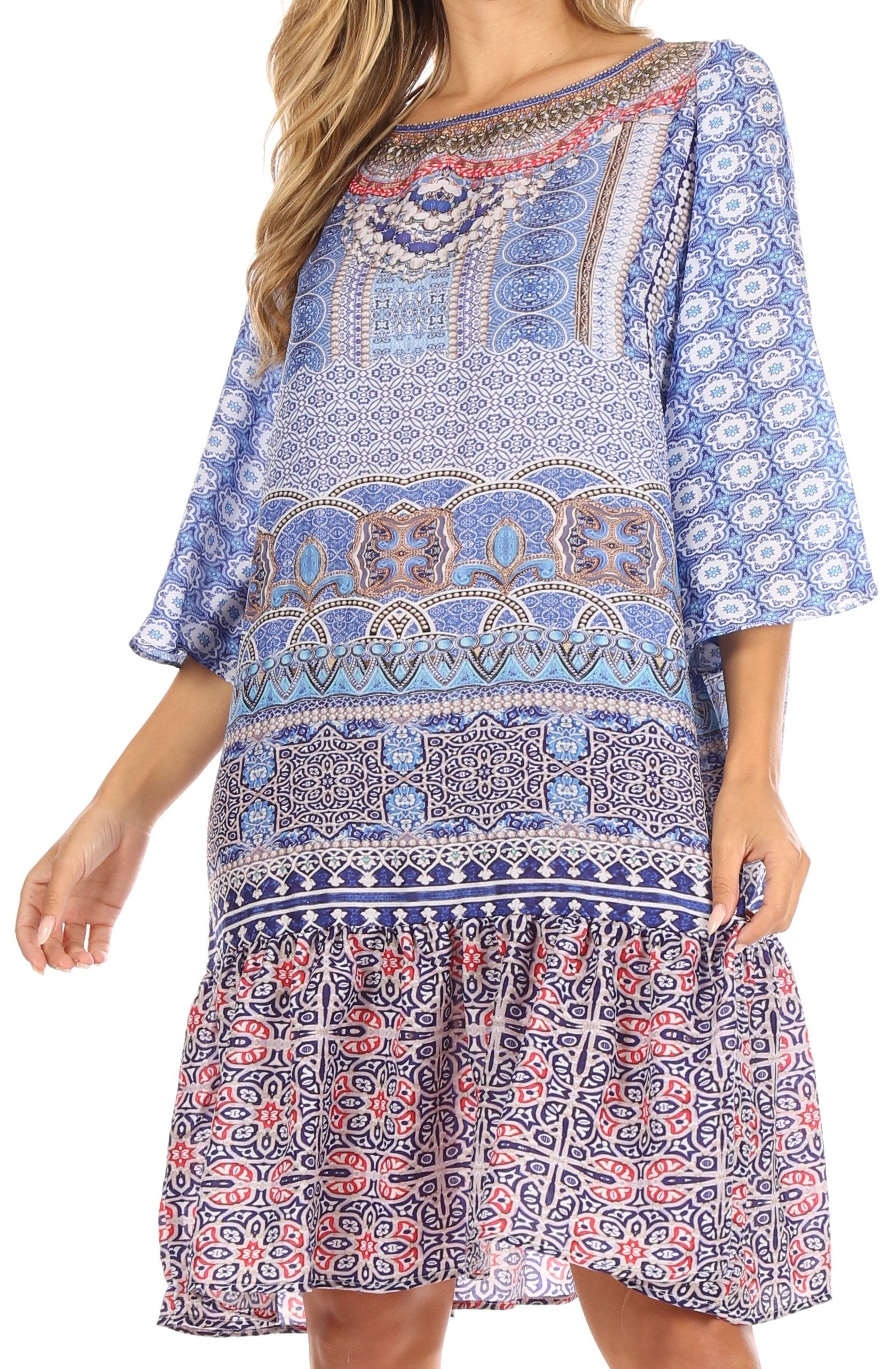 Sakkas Dona Women's Casual Swing 3/4 Sleeve Floral Print Boho Cocktail Midi Dress - Concordia Style Boutique