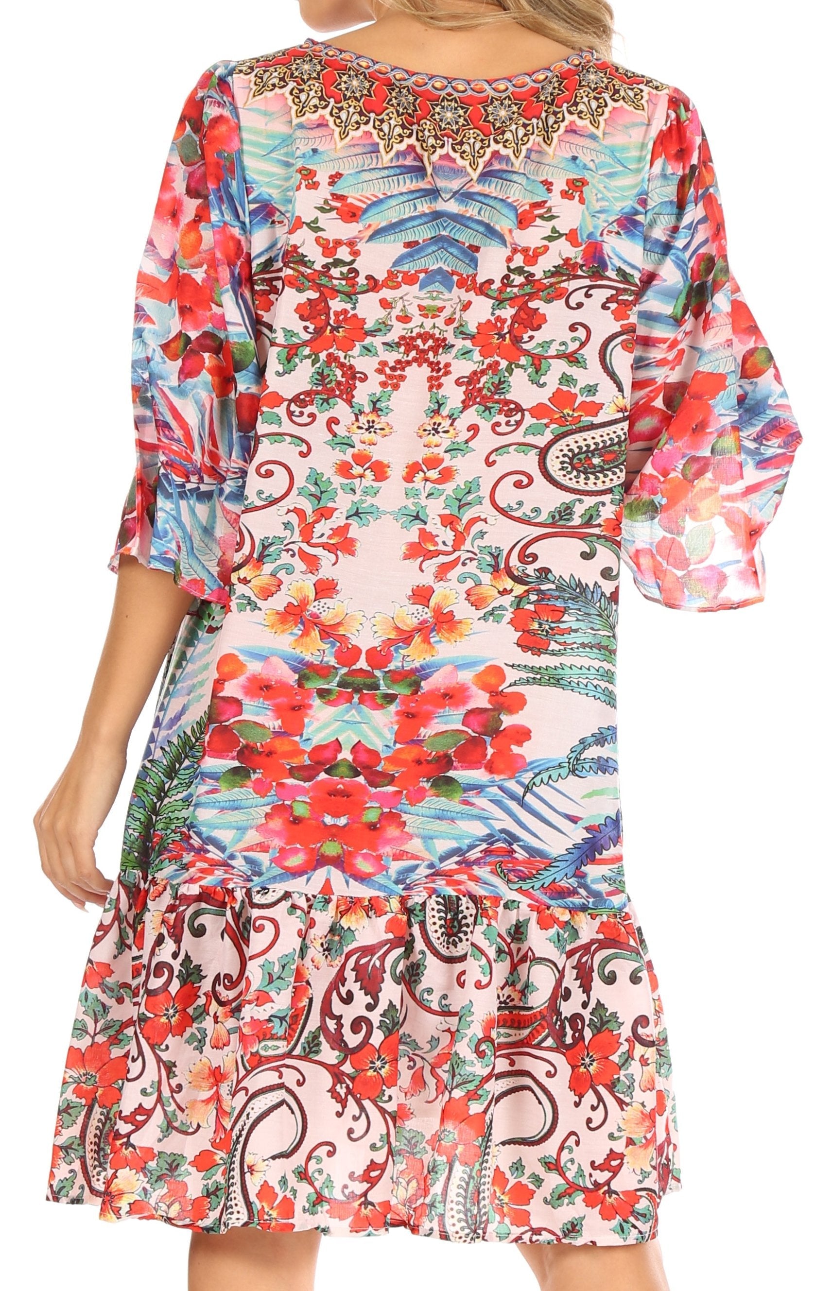 Sakkas Dona Women's Casual Swing 3/4 Sleeve Floral Print Boho Cocktail Midi Dress - Concordia Style Boutique