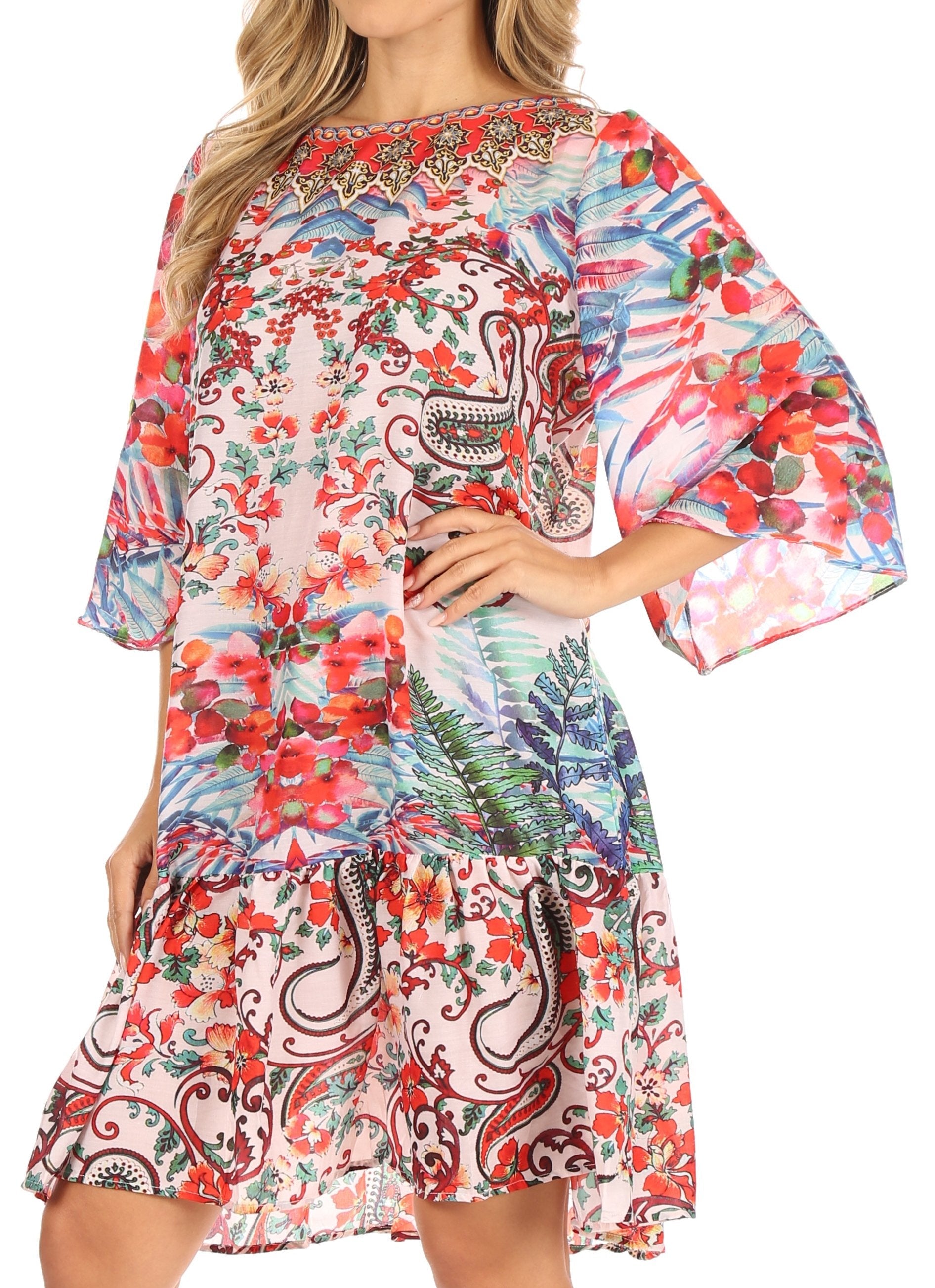 Sakkas Dona Women's Casual Swing 3/4 Sleeve Floral Print Boho Cocktail Midi Dress - Concordia Style Boutique