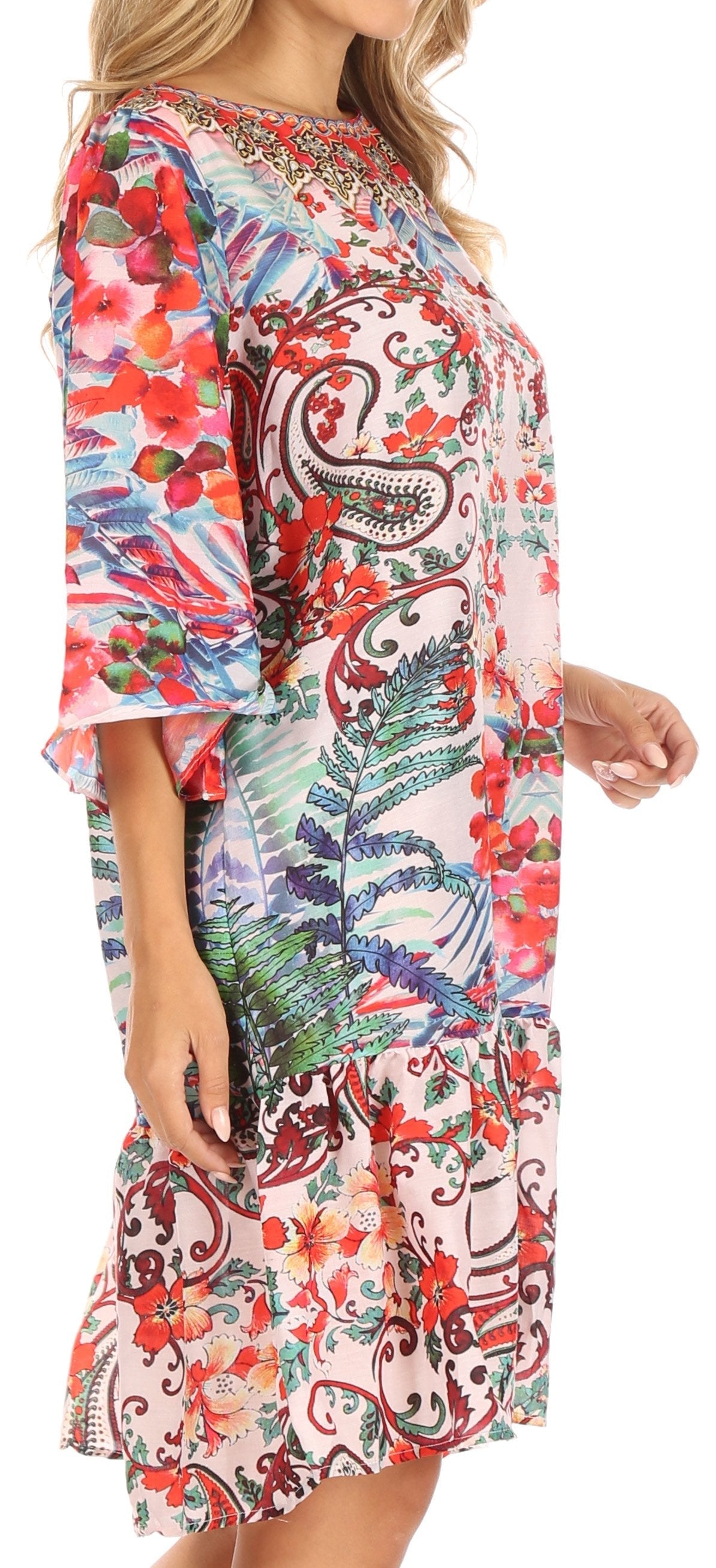 Sakkas Dona Women's Casual Swing 3/4 Sleeve Floral Print Boho Cocktail Midi Dress - Concordia Style Boutique