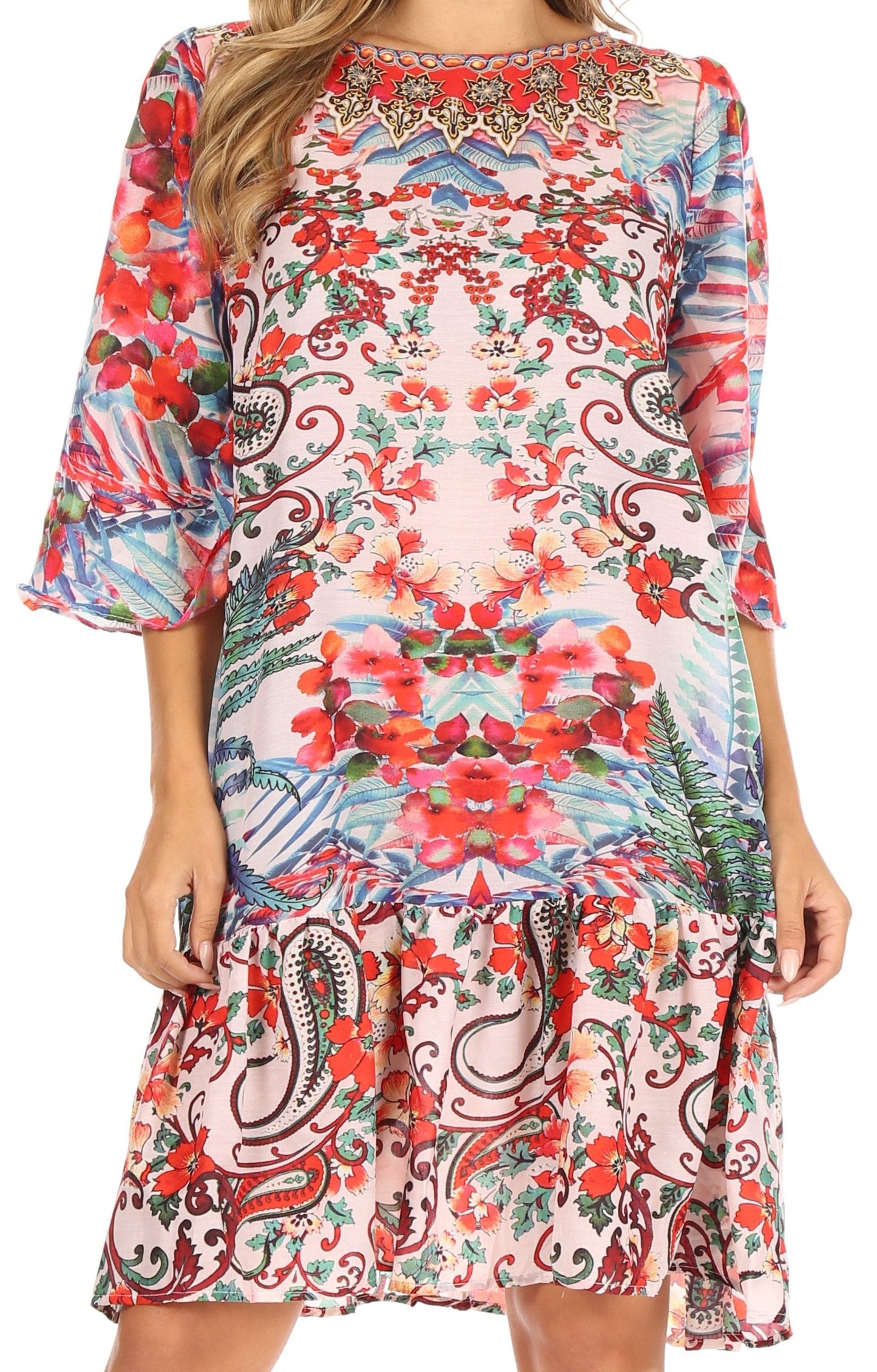 Sakkas Dona Women's Casual Swing 3/4 Sleeve Floral Print Boho Cocktail Midi Dress - Concordia Style Boutique