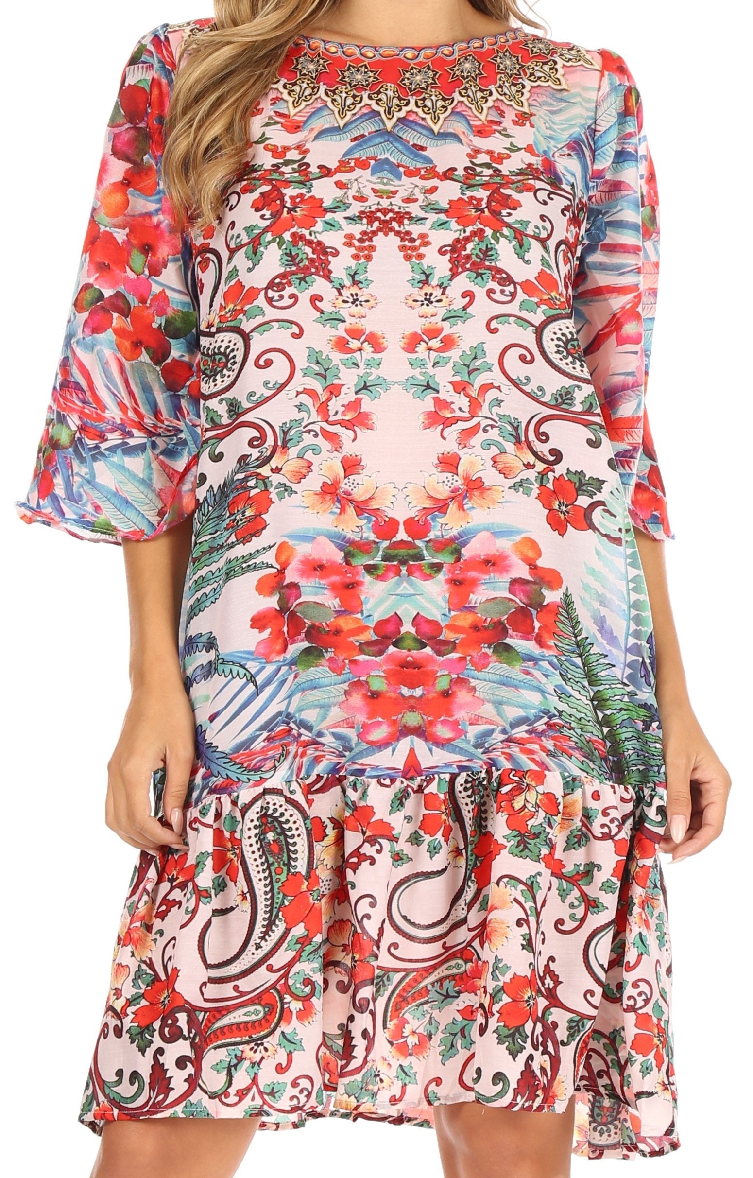 Sakkas Dona Women's Casual Swing 3/4 Sleeve Floral Print Boho Cocktail Midi Dress - Concordia Style Boutique