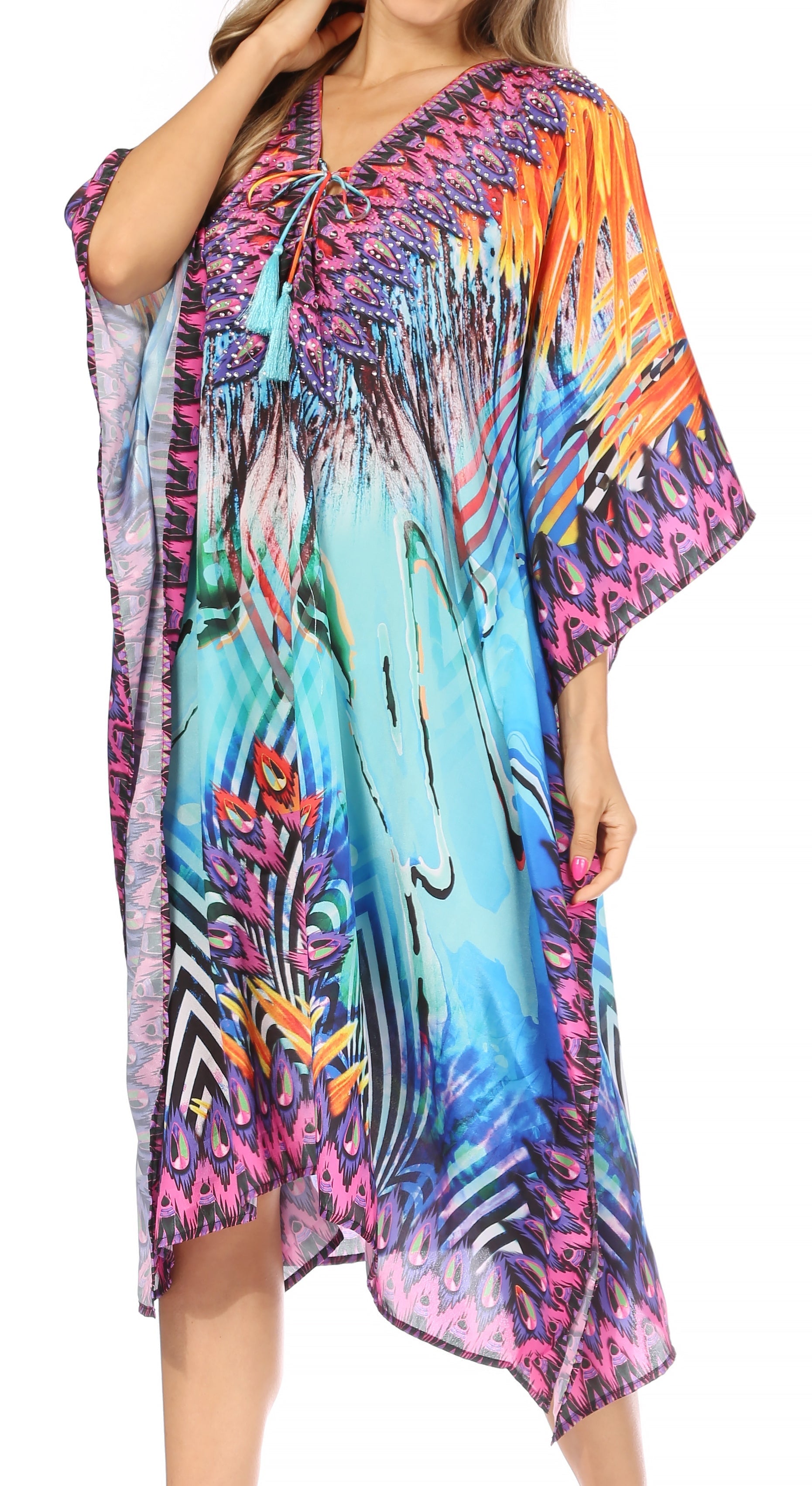 Sakkas Kristy Long Tall Lightweight Caftan Dress / Cover Up With V-Neck Jewels - Concordia Style Boutique