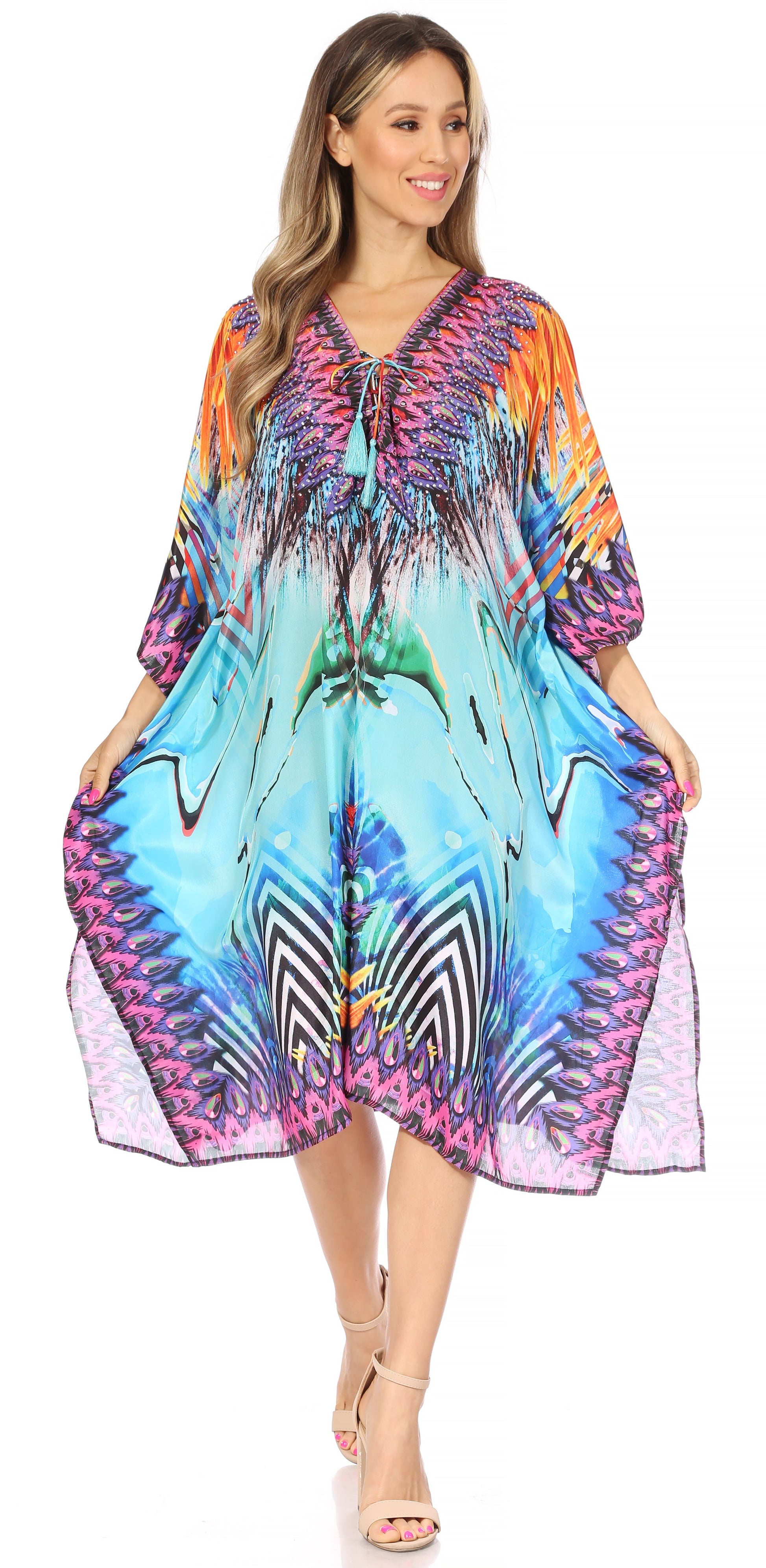 Sakkas Kristy Long Tall Lightweight Caftan Dress / Cover Up With V-Neck Jewels - Concordia Style Boutique