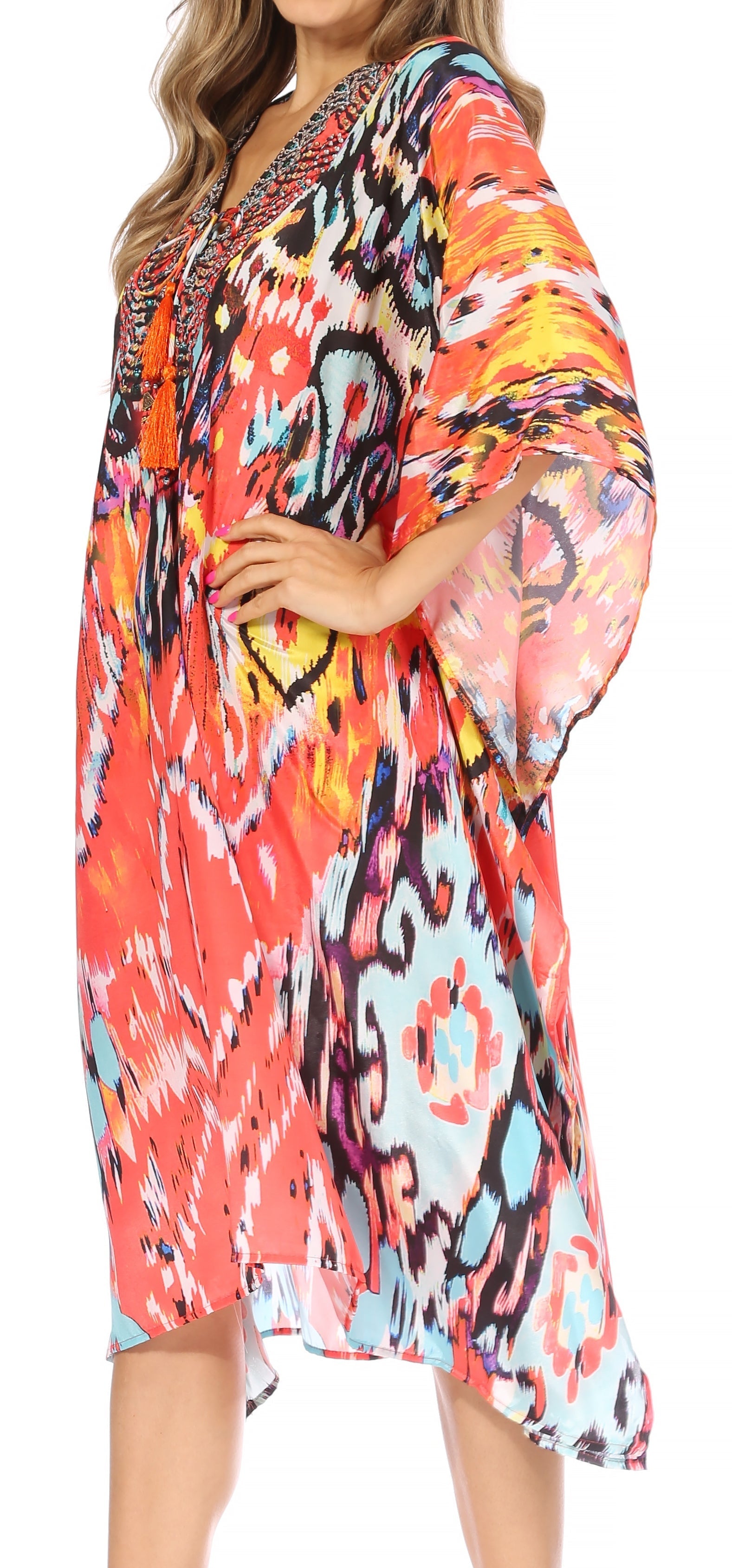 Sakkas Kristy Long Tall Lightweight Caftan Dress / Cover Up With V-Neck Jewels - Concordia Style Boutique