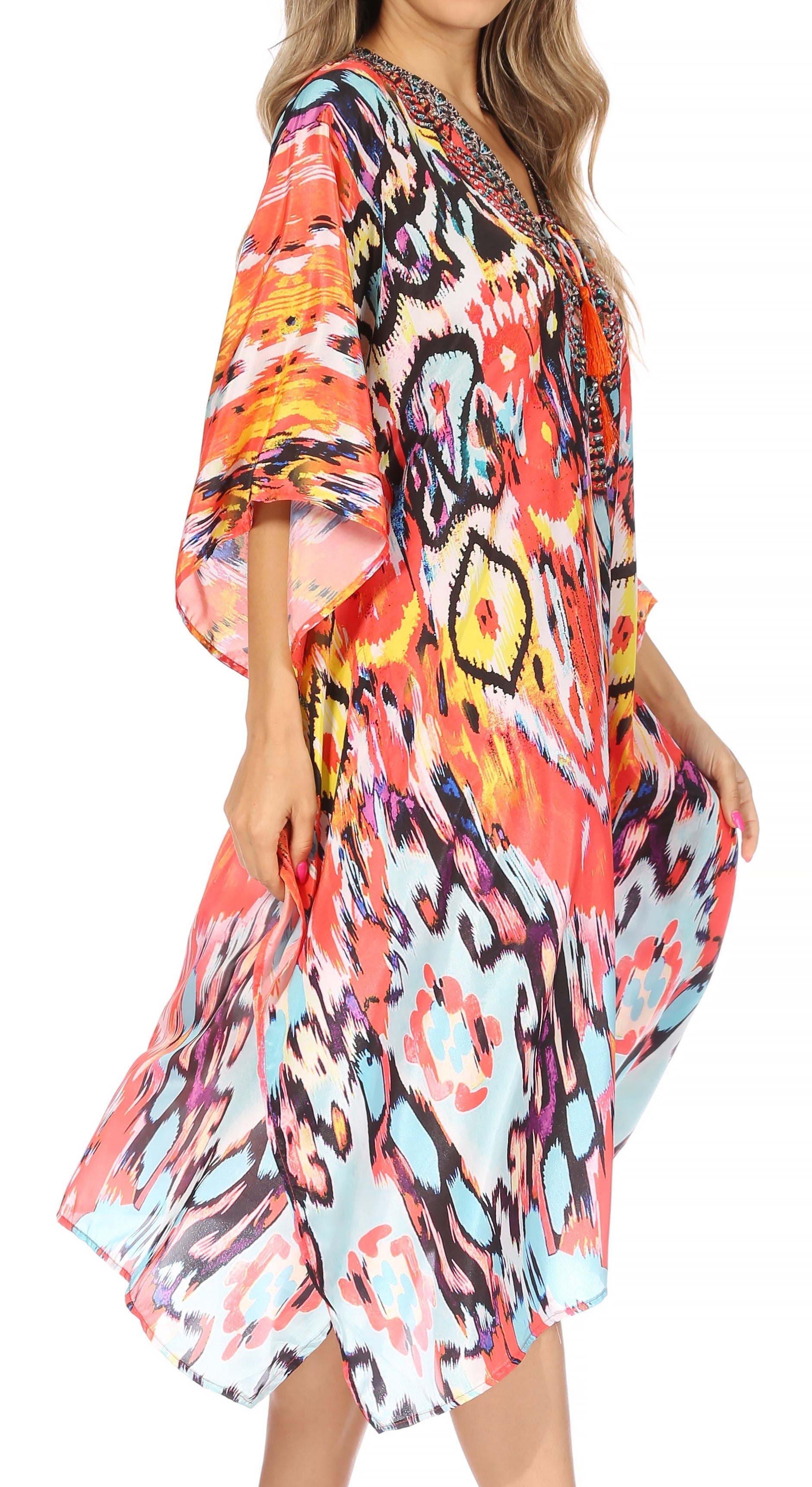 Sakkas Kristy Long Tall Lightweight Caftan Dress / Cover Up With V-Neck Jewels - Concordia Style Boutique