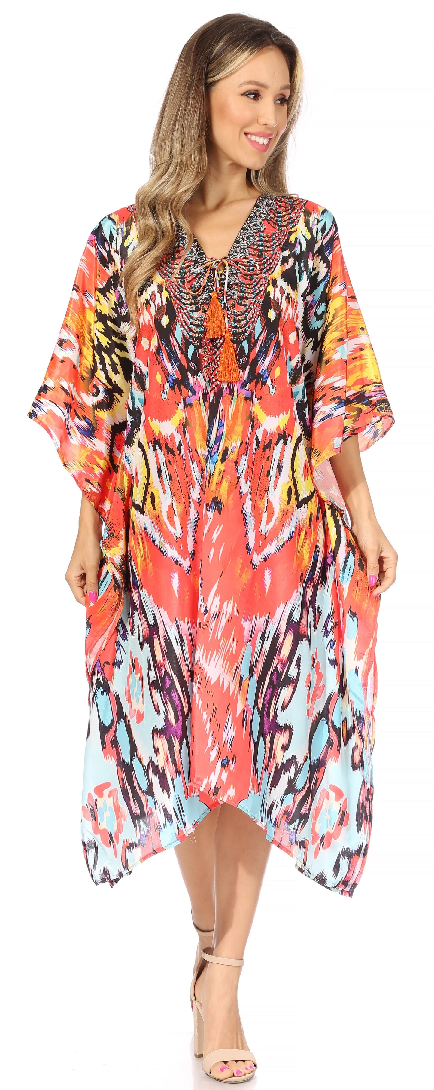 Sakkas Kristy Long Tall Lightweight Caftan Dress / Cover Up With V-Neck Jewels - Concordia Style Boutique