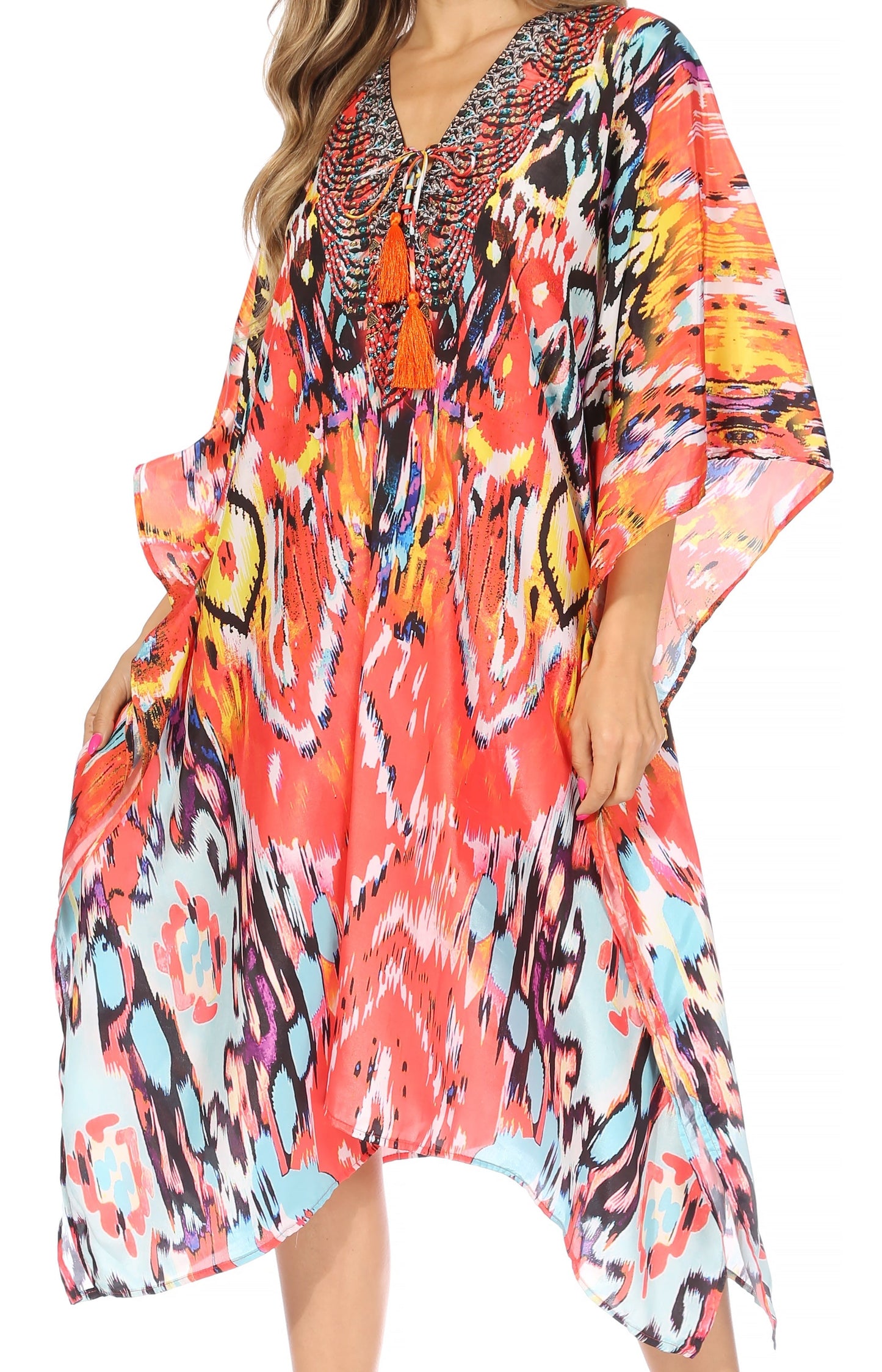 Sakkas Kristy Long Tall Lightweight Caftan Dress / Cover Up With V-Neck Jewels - Concordia Style Boutique