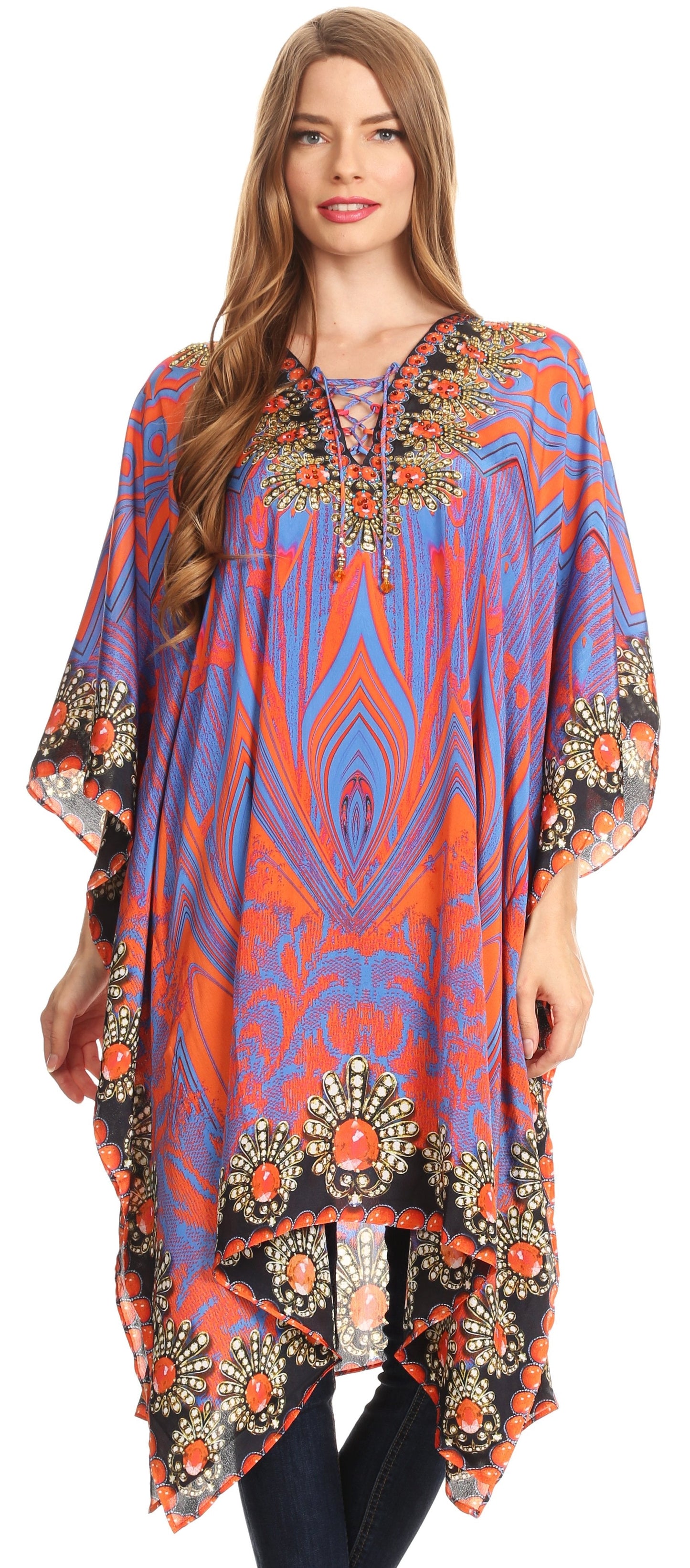 Sakkas Kristy Long Tall Lightweight Caftan Dress / Cover Up With V-Neck Jewels - Concordia Style Boutique