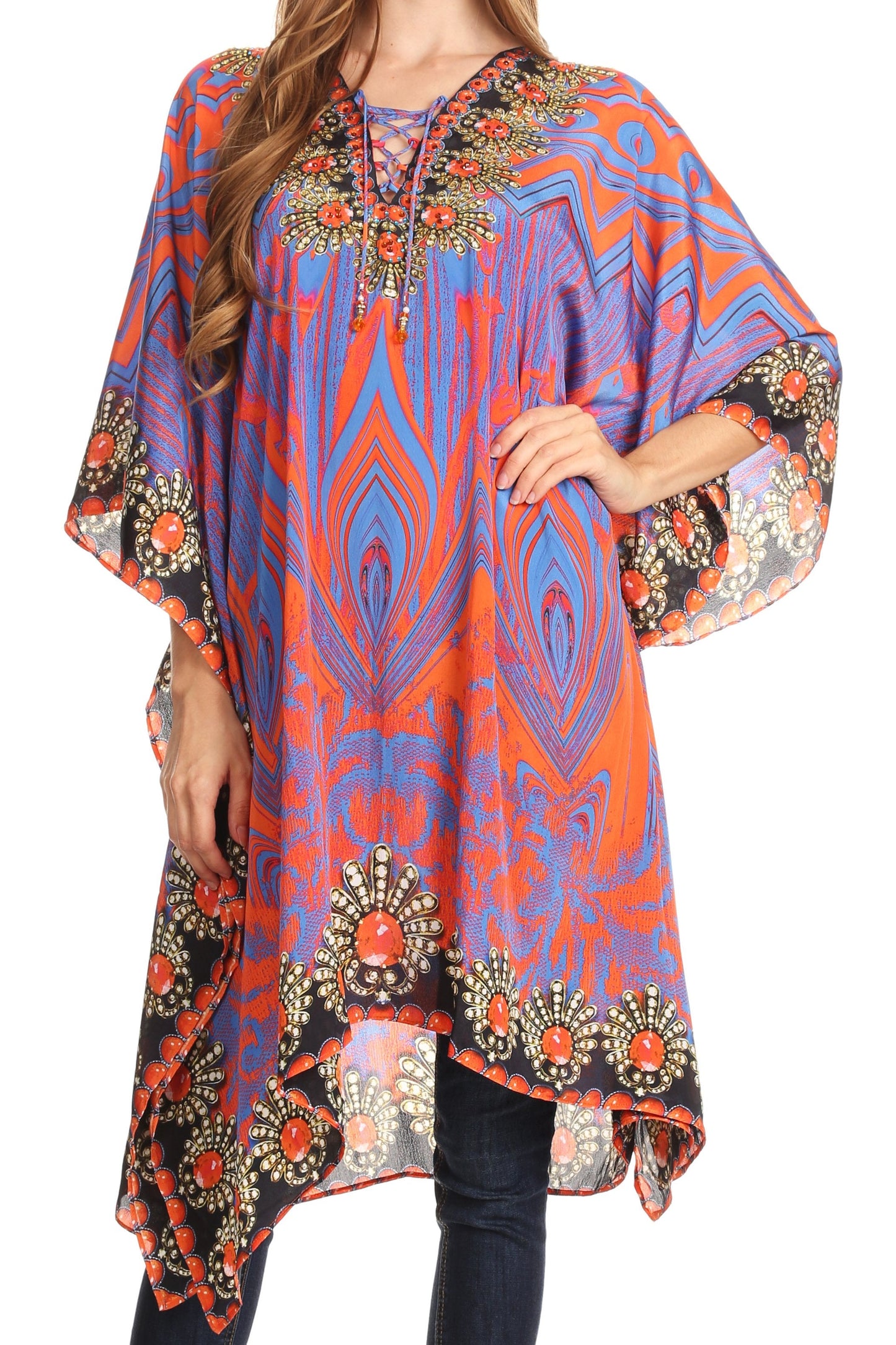 Sakkas Kristy Long Tall Lightweight Caftan Dress / Cover Up With V-Neck Jewels - Concordia Style Boutique
