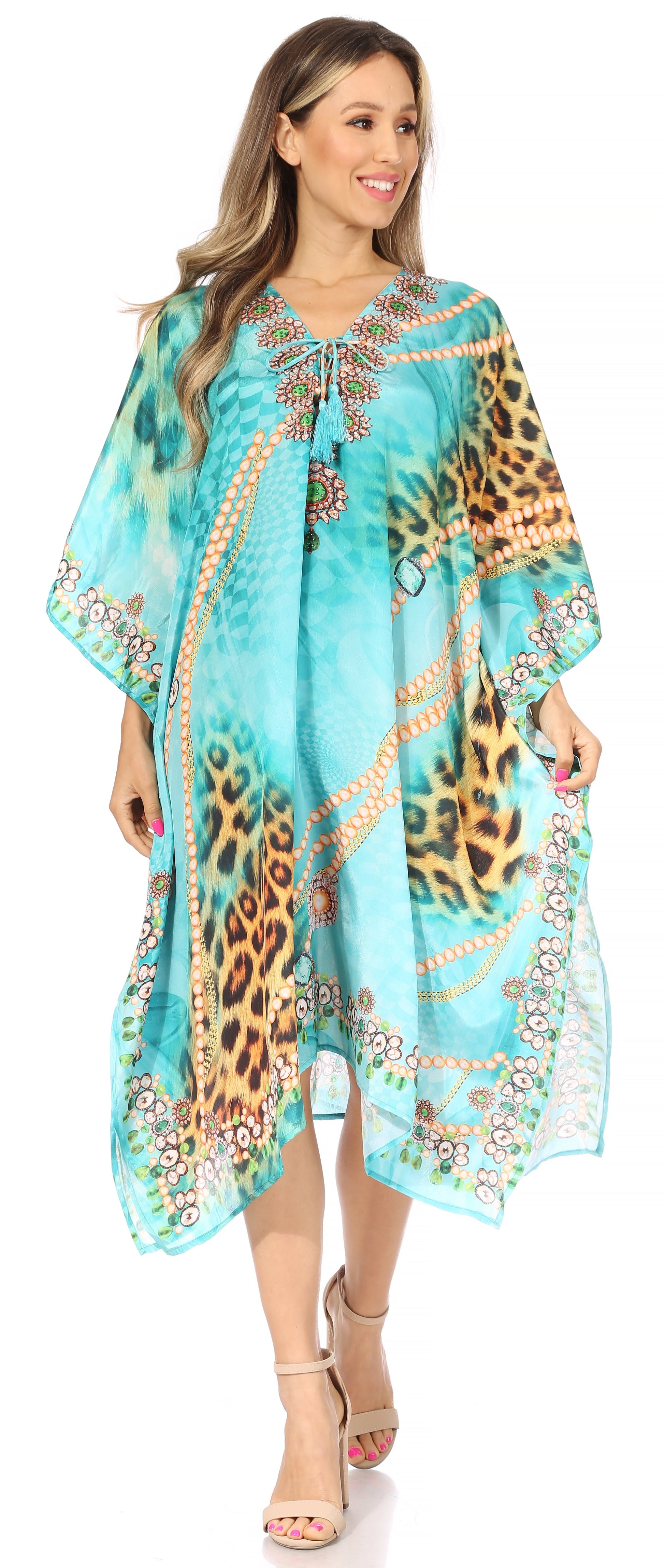 Sakkas Kristy Long Tall Lightweight Caftan Dress / Cover Up With V-Neck Jewels - Concordia Style Boutique