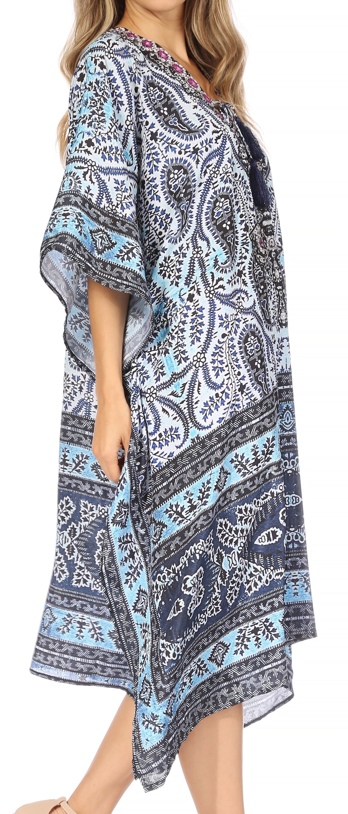 Sakkas Kristy Long Tall Lightweight Caftan Dress / Cover Up With V-Neck Jewels - Concordia Style Boutique