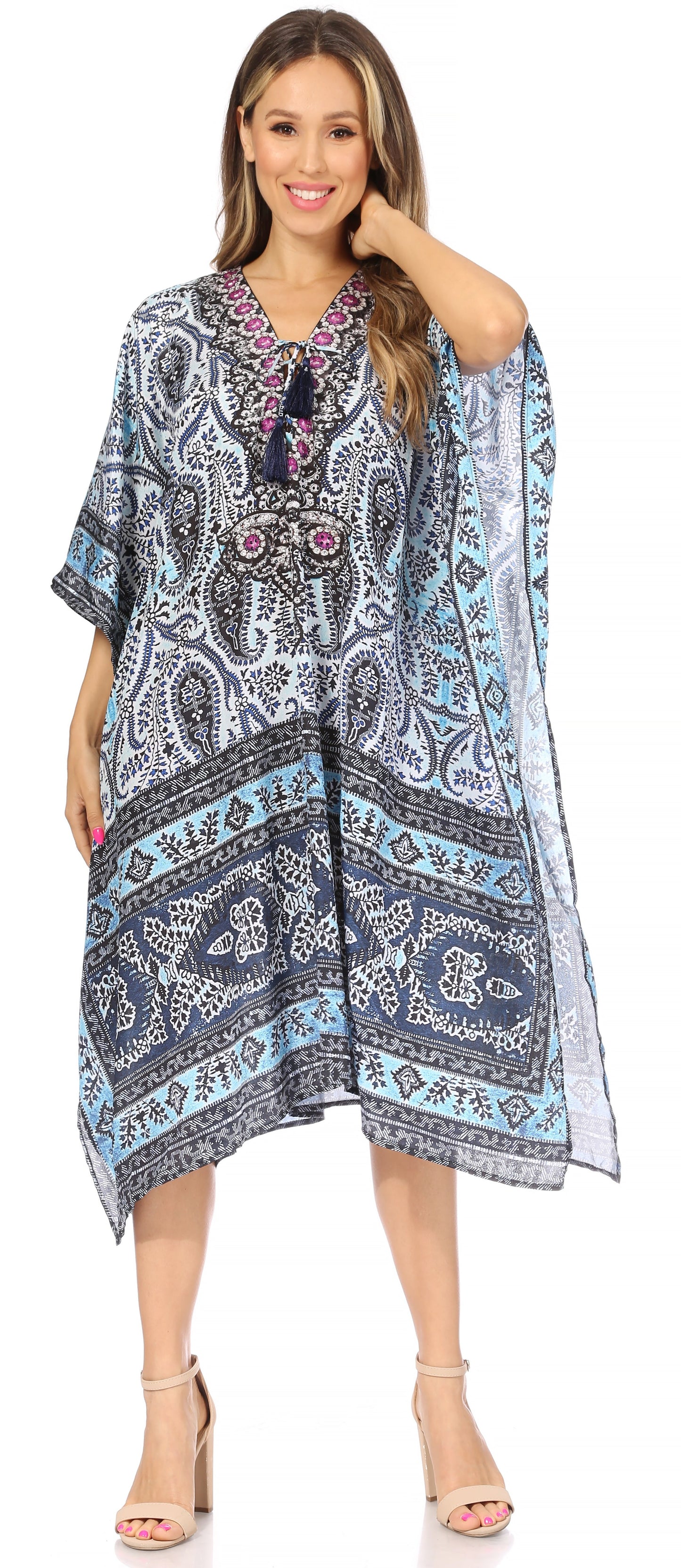 Sakkas Kristy Long Tall Lightweight Caftan Dress / Cover Up With V-Neck Jewels - Concordia Style Boutique