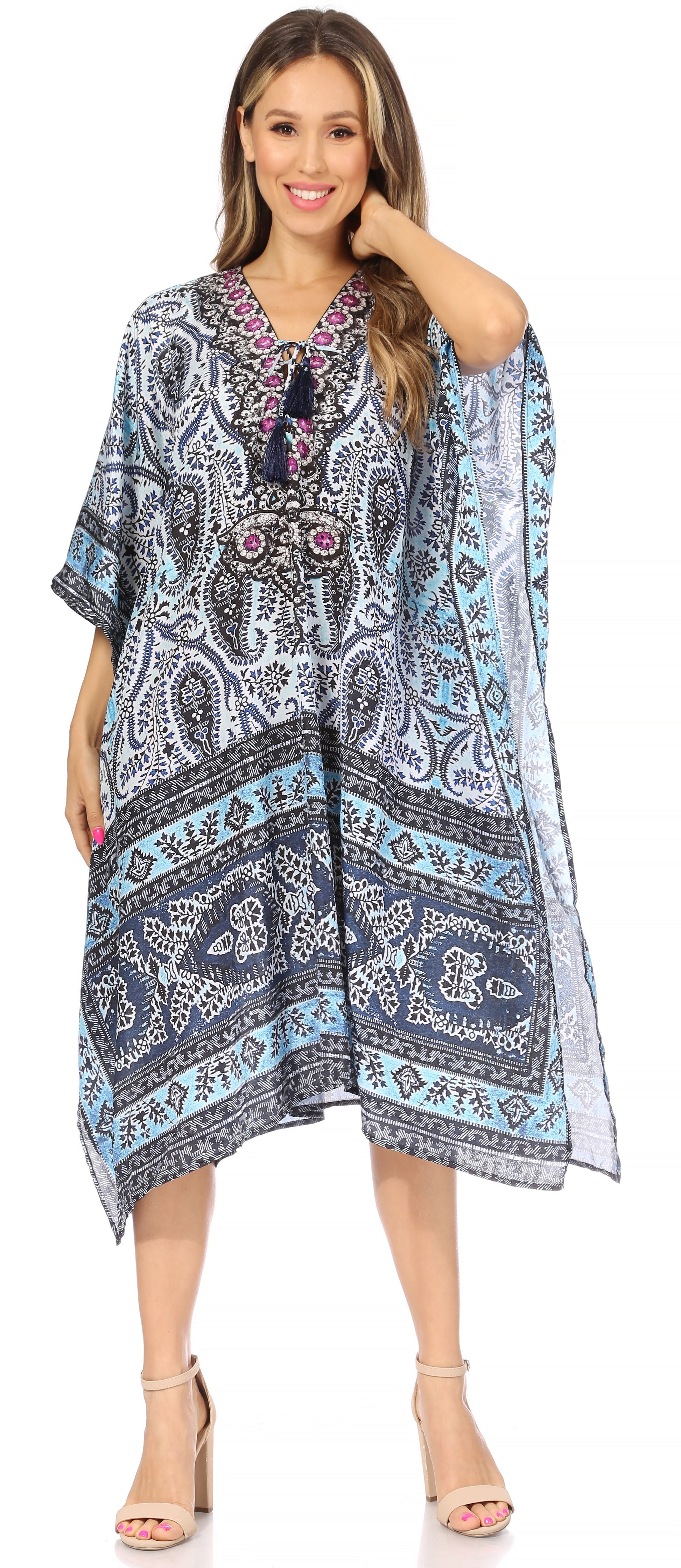 Sakkas Kristy Long Tall Lightweight Caftan Dress / Cover Up With V-Neck Jewels - Concordia Style Boutique