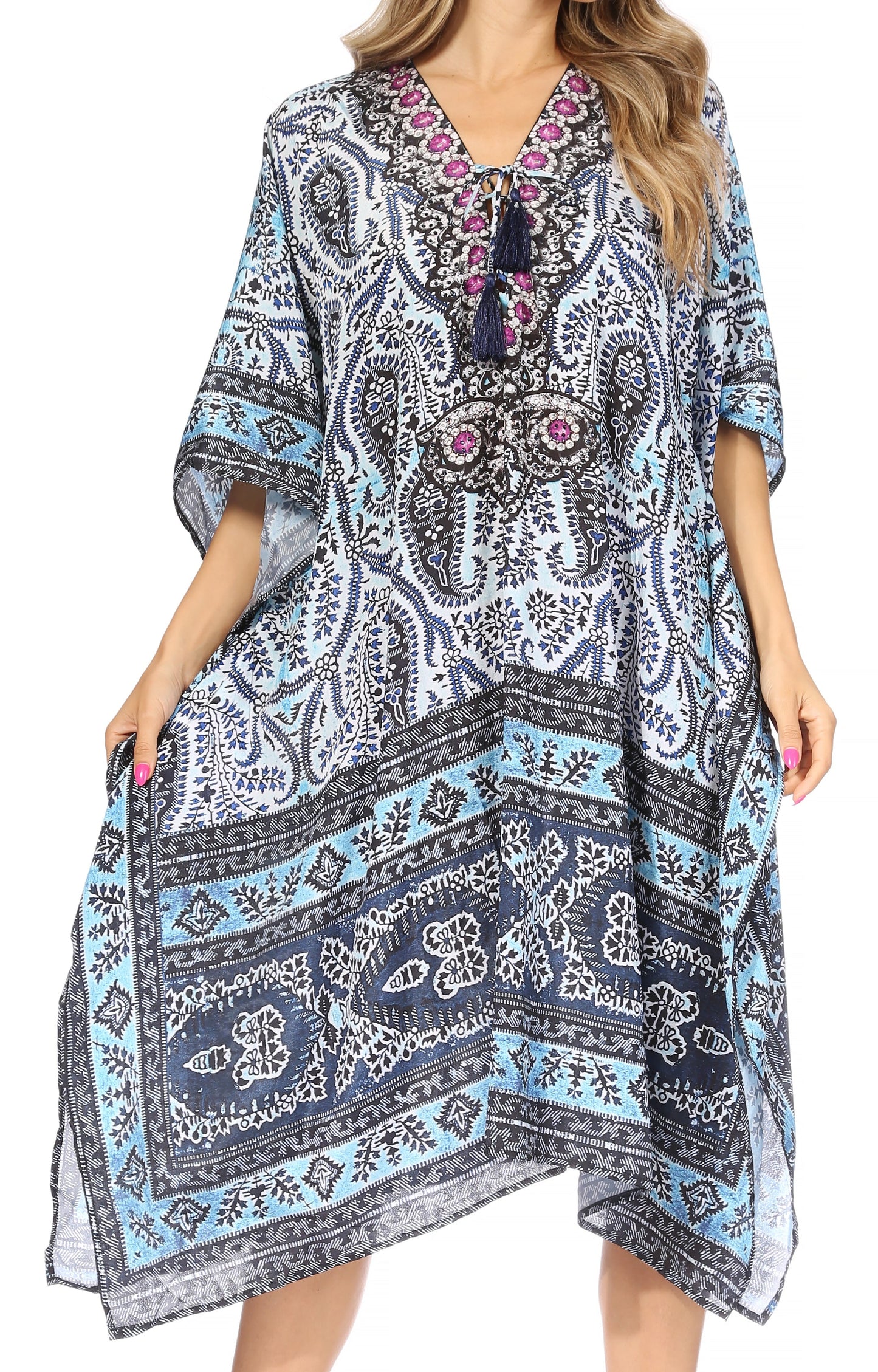 Sakkas Kristy Long Tall Lightweight Caftan Dress / Cover Up With V-Neck Jewels - Concordia Style Boutique