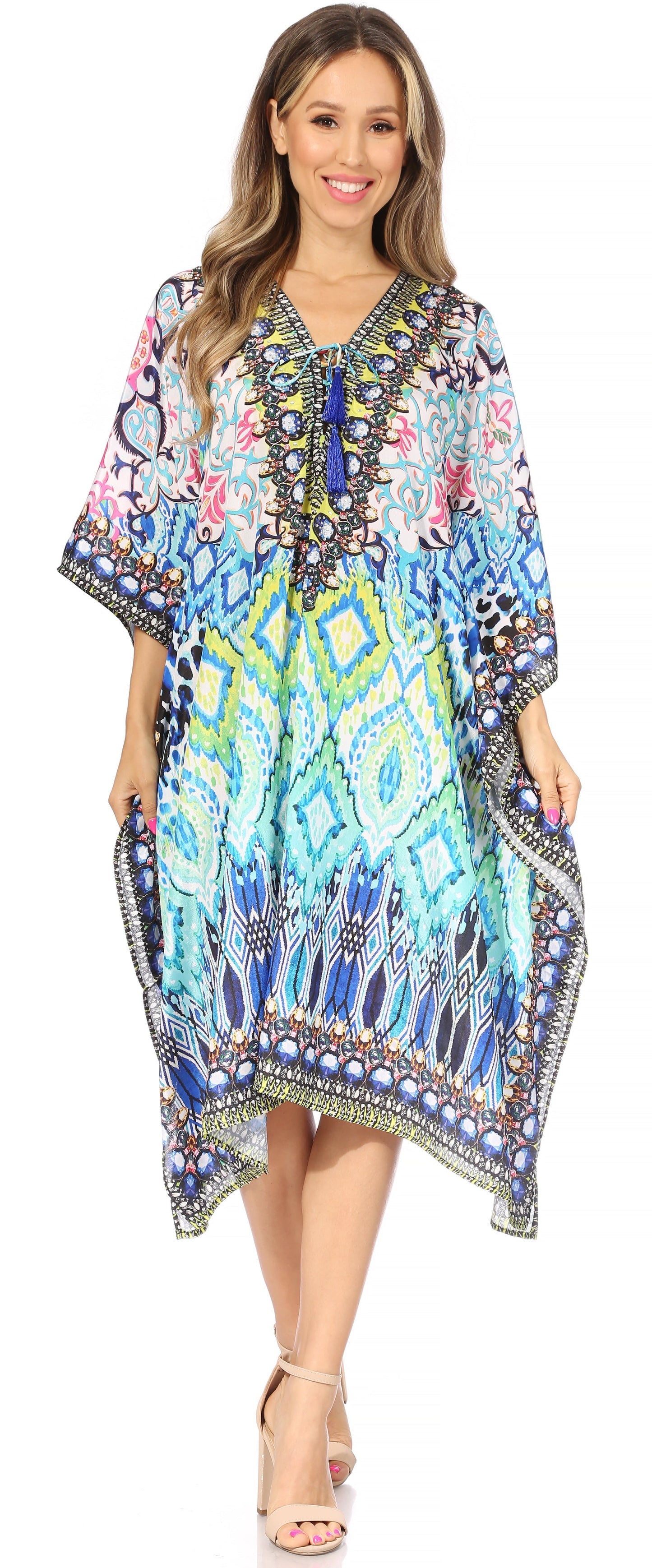 Sakkas Kristy Long Tall Lightweight Caftan Dress / Cover Up With V-Neck Jewels - Concordia Style Boutique