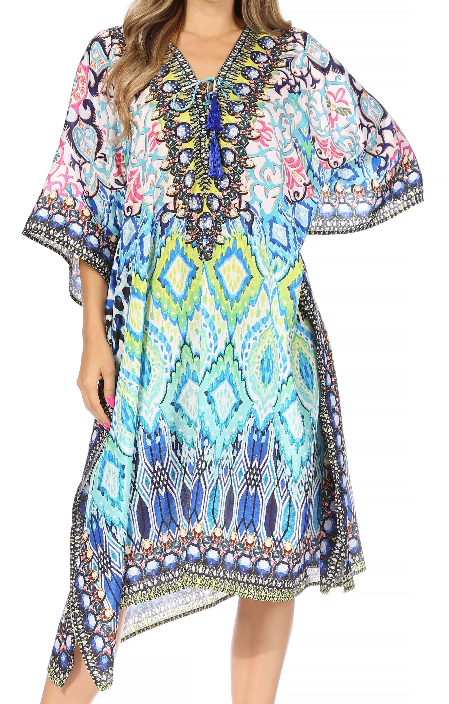 Sakkas Kristy Long Tall Lightweight Caftan Dress / Cover Up With V-Neck Jewels - Concordia Style Boutique