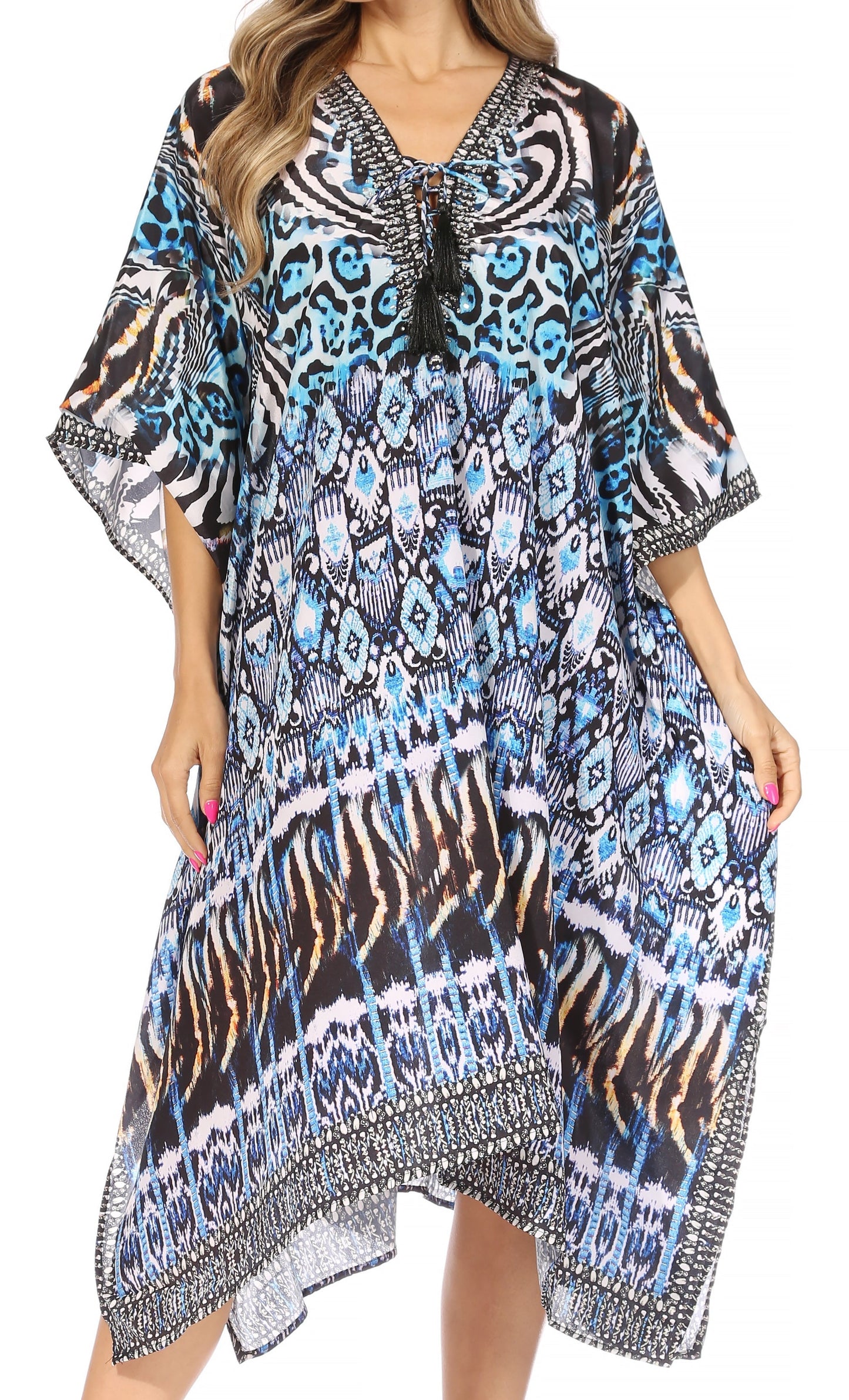 Sakkas Kristy Long Tall Lightweight Caftan Dress / Cover Up With V-Neck Jewels - Concordia Style Boutique