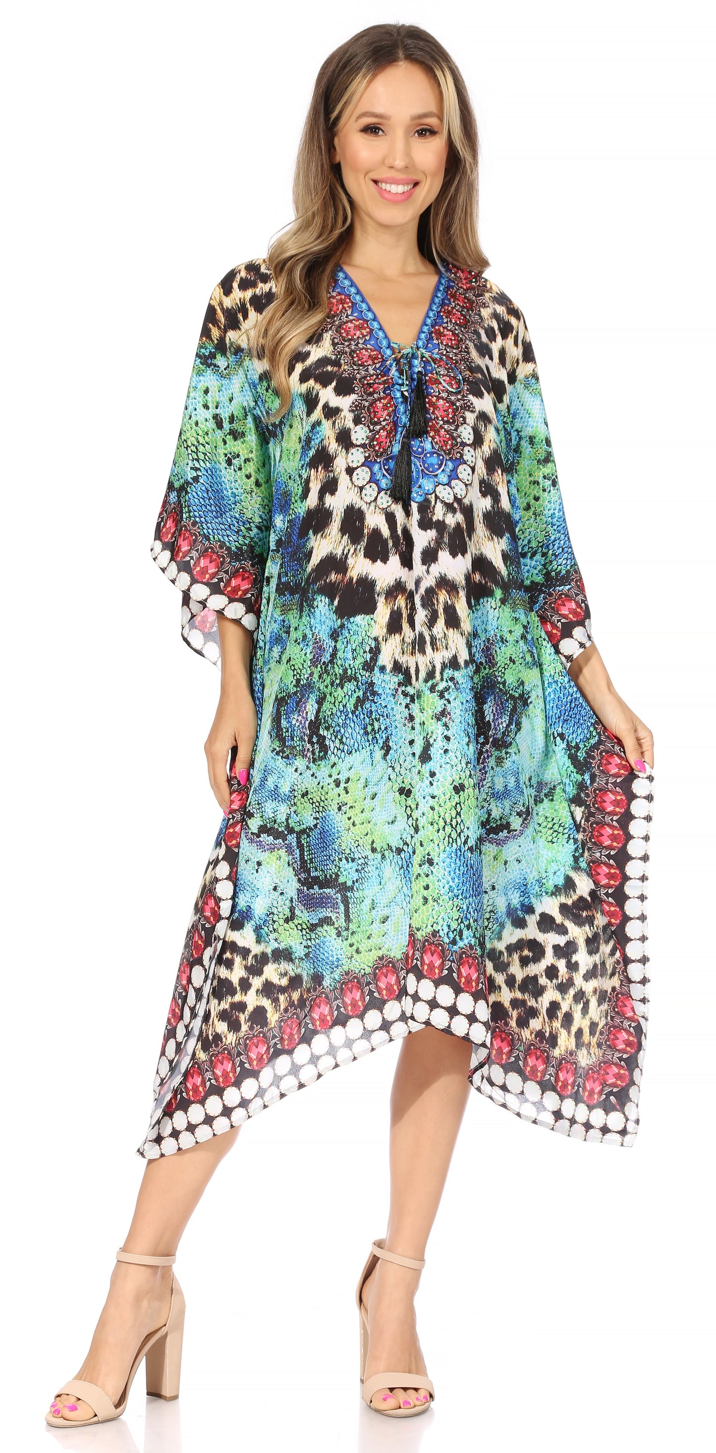 Sakkas Kristy Long Tall Lightweight Caftan Dress / Cover Up With V-Neck Jewels - Concordia Style Boutique