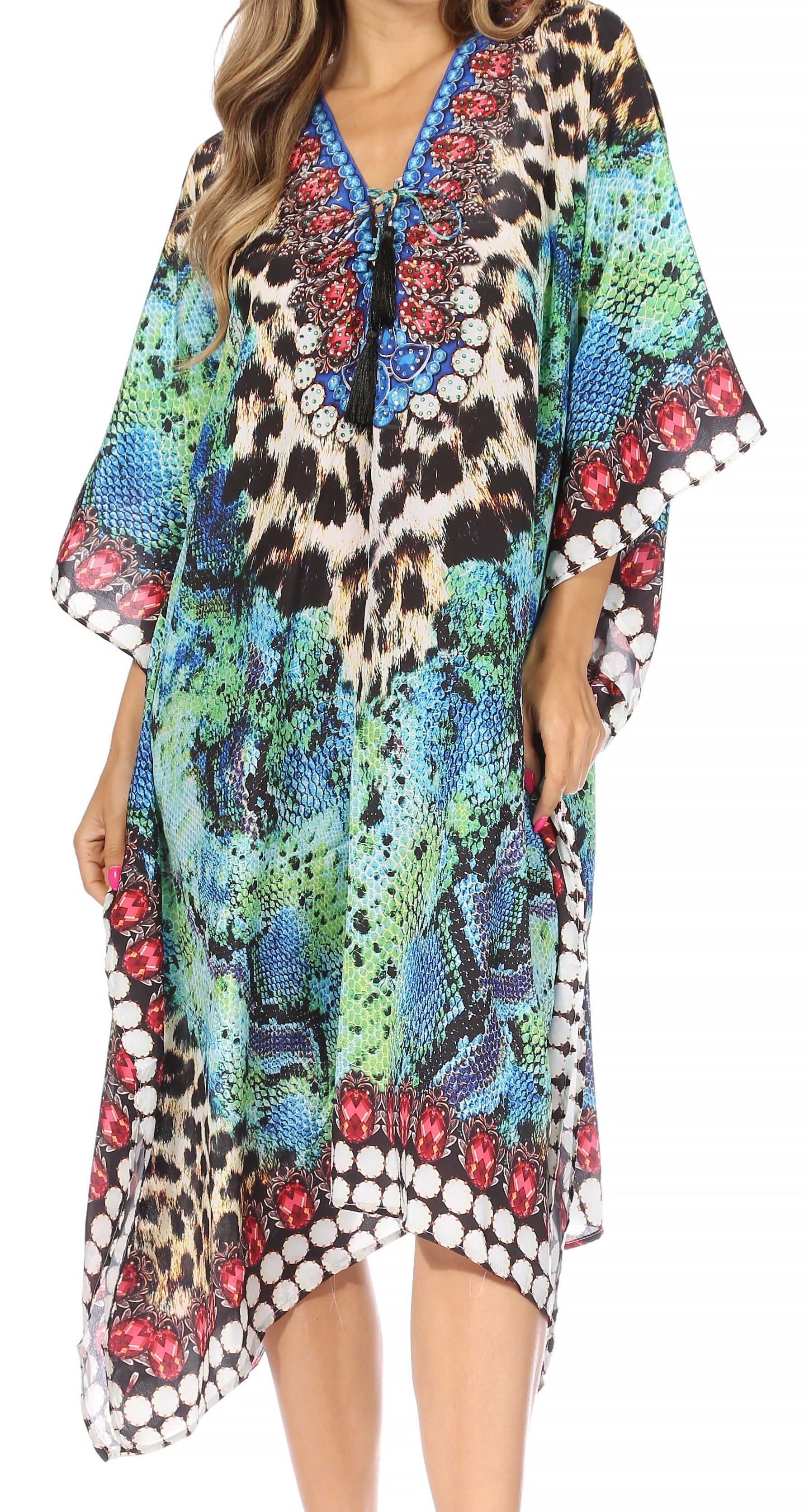 Sakkas Kristy Long Tall Lightweight Caftan Dress / Cover Up With V-Neck Jewels - Concordia Style Boutique