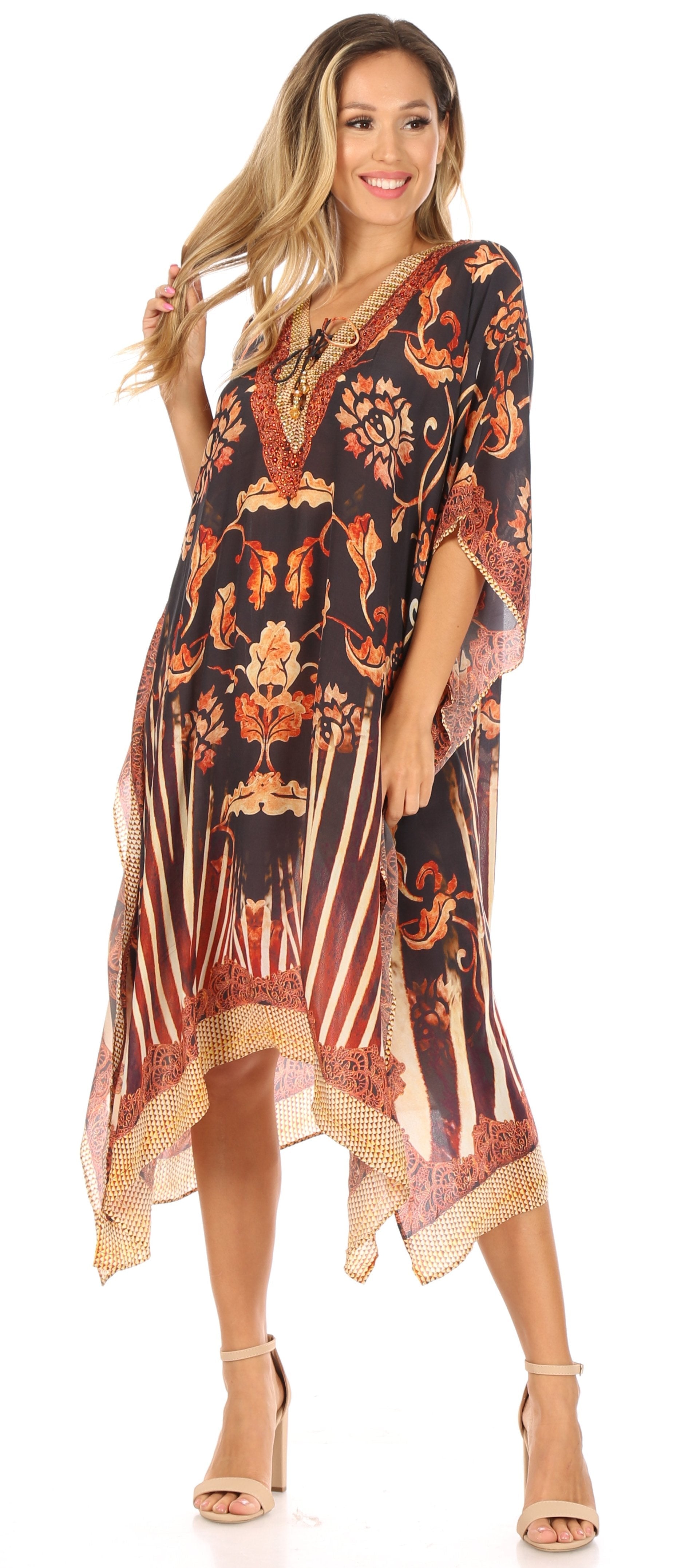 Sakkas Kristy Long Tall Lightweight Caftan Dress / Cover Up With V-Neck Jewels - Concordia Style Boutique