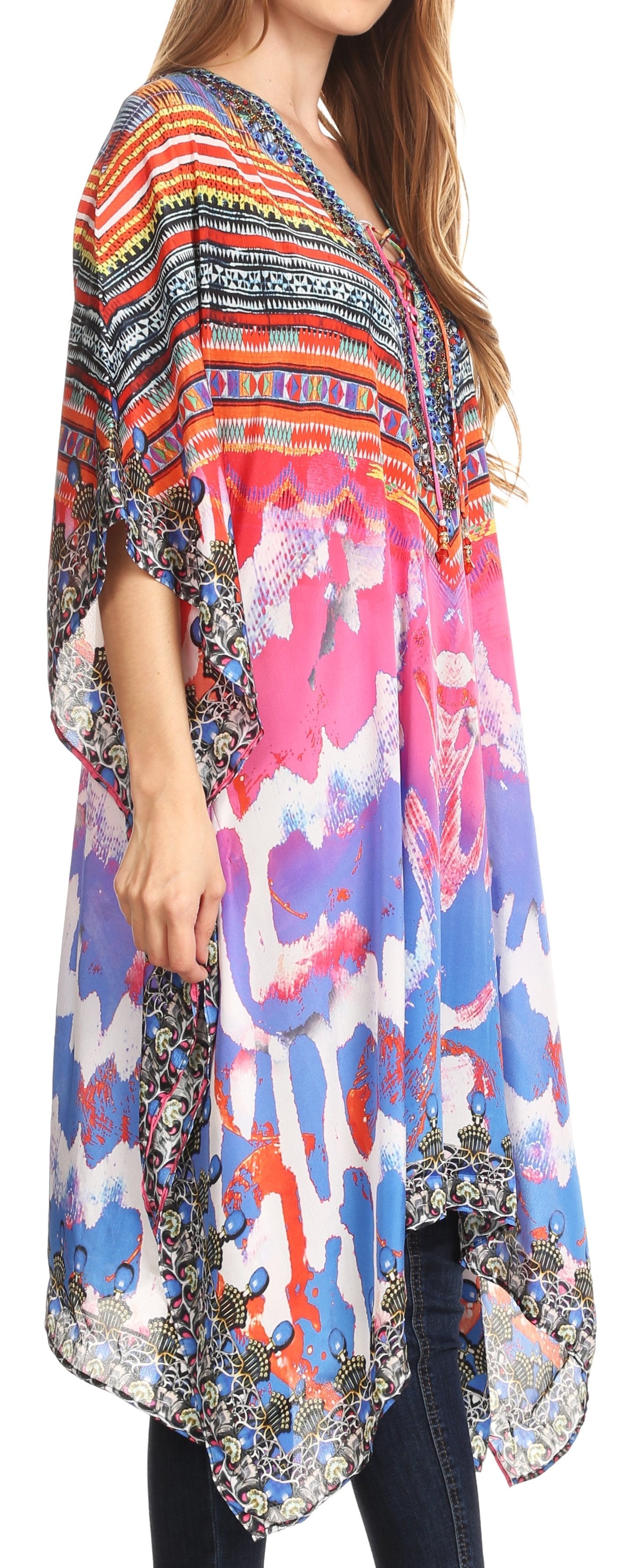 Sakkas Kristy Long Tall Lightweight Caftan Dress / Cover Up With V-Neck Jewels - Concordia Style Boutique