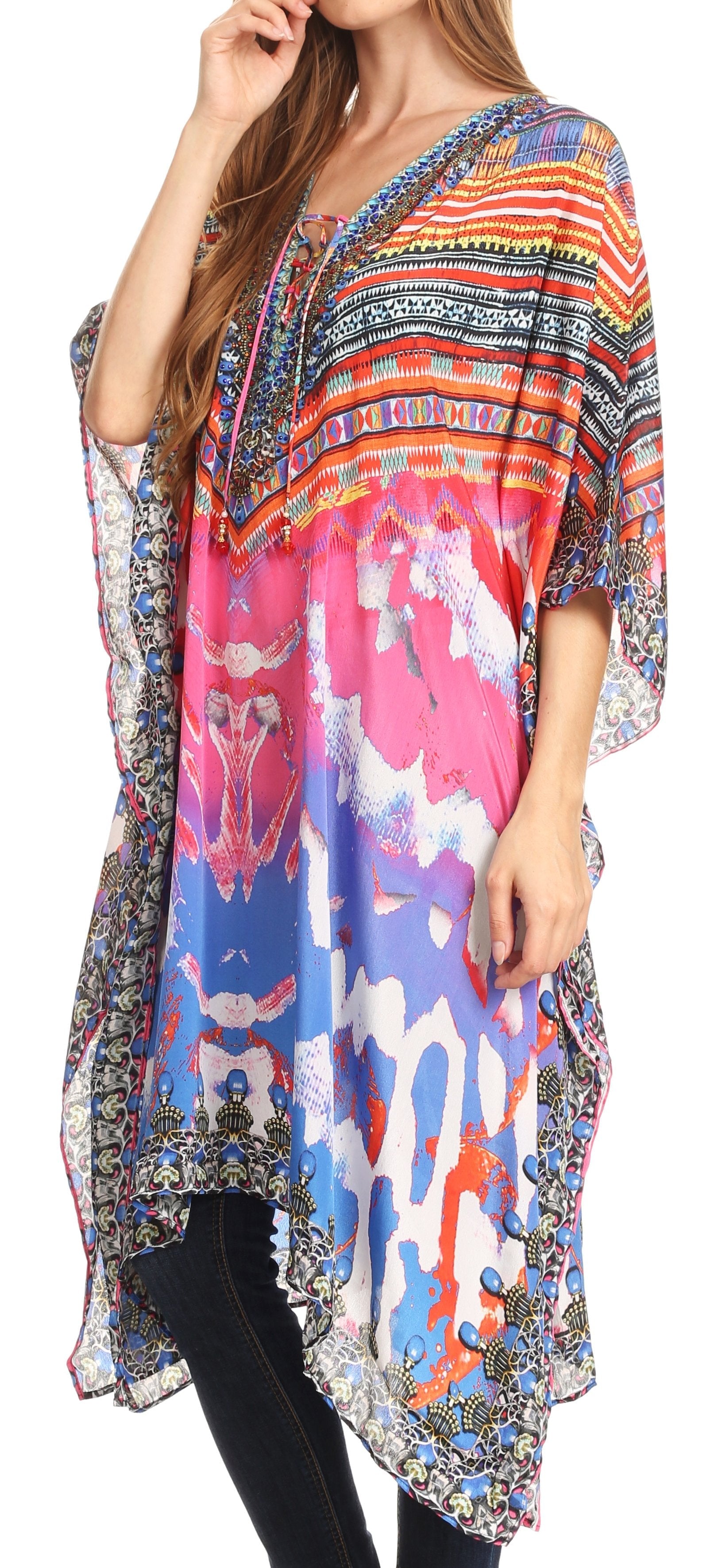 Sakkas Kristy Long Tall Lightweight Caftan Dress / Cover Up With V-Neck Jewels - Concordia Style Boutique