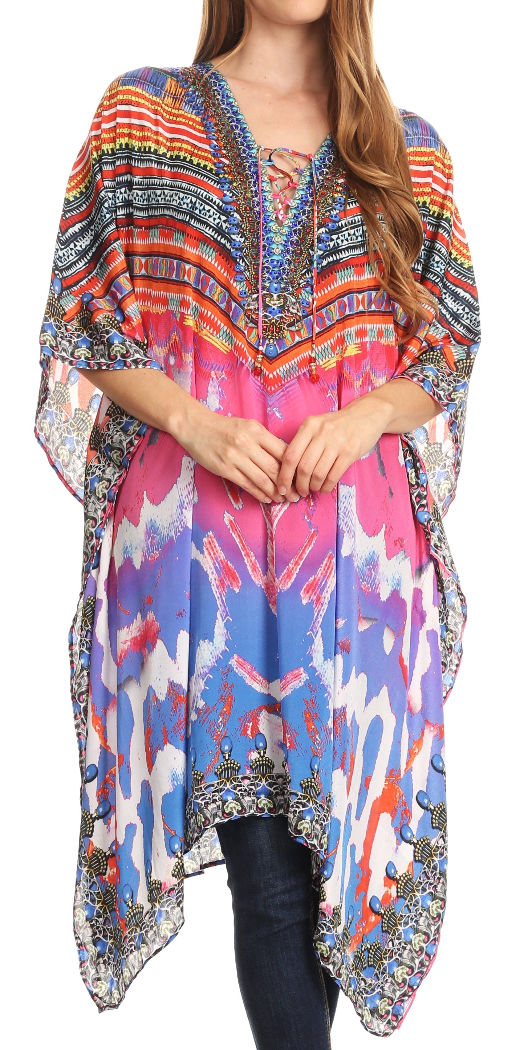 Sakkas Kristy Long Tall Lightweight Caftan Dress / Cover Up With V-Neck Jewels - Concordia Style Boutique