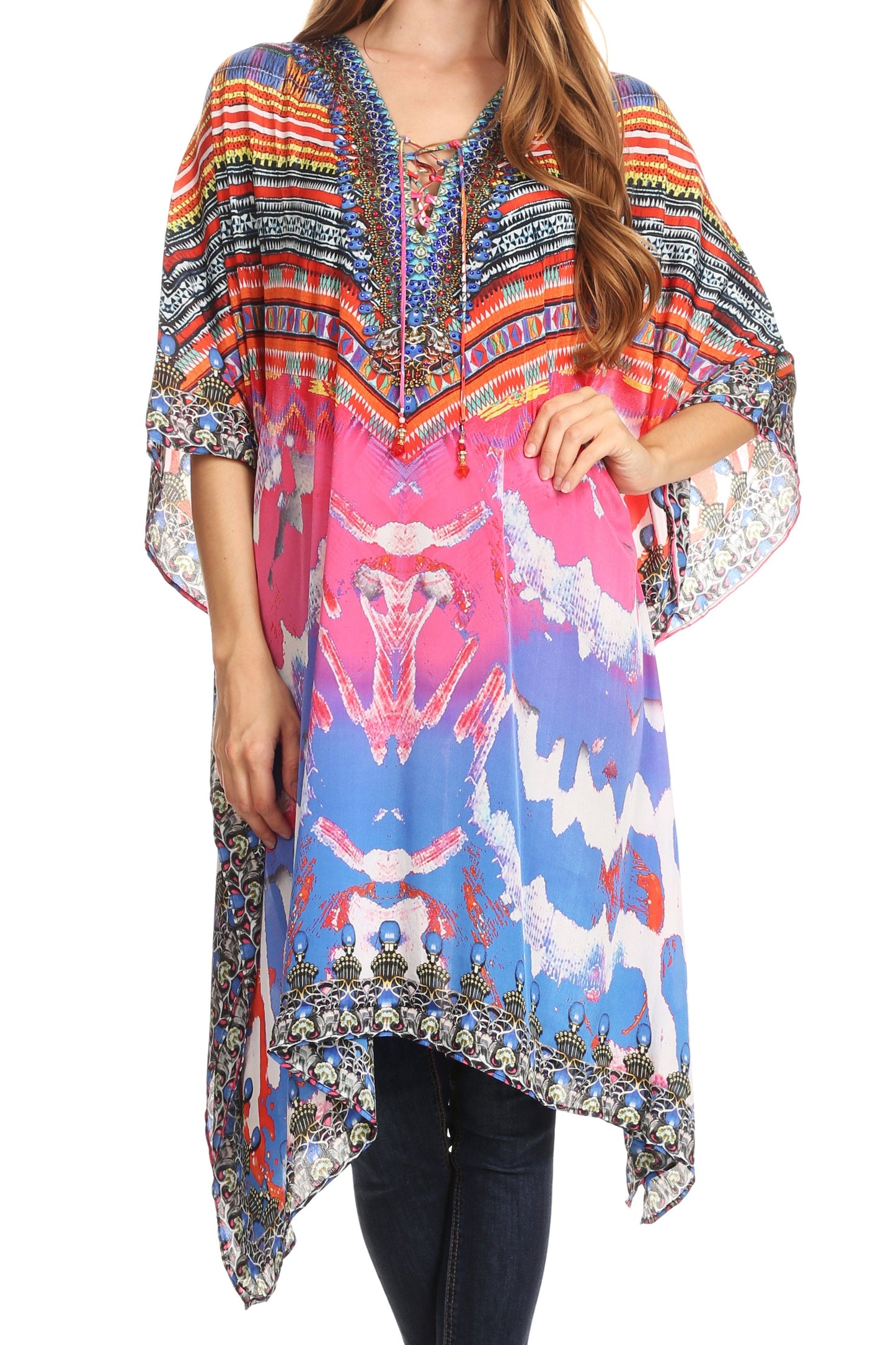 Sakkas Kristy Long Tall Lightweight Caftan Dress / Cover Up With V-Neck Jewels - Concordia Style Boutique