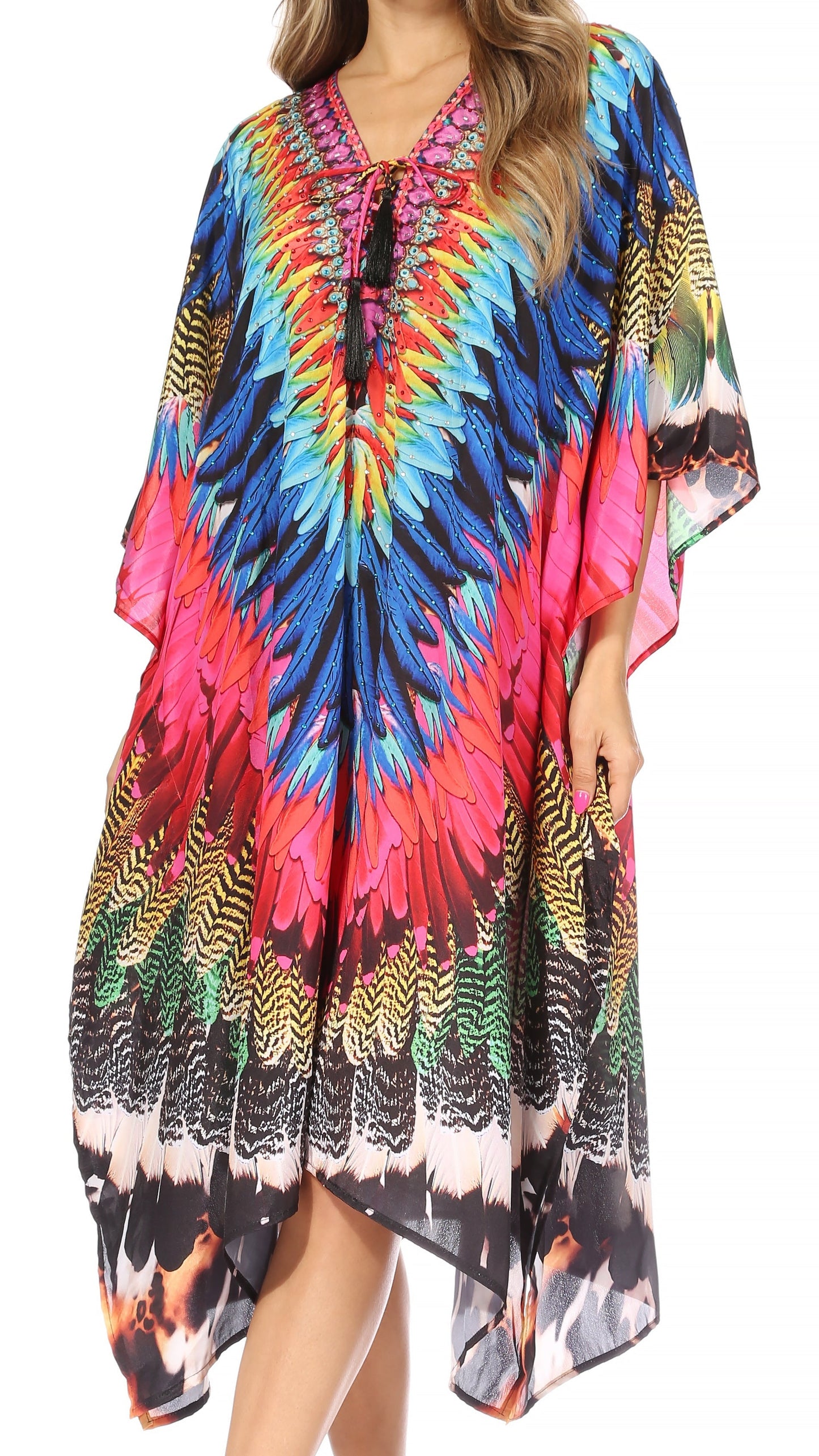 Sakkas Kristy Long Tall Lightweight Caftan Dress / Cover Up With V-Neck Jewels - Concordia Style Boutique