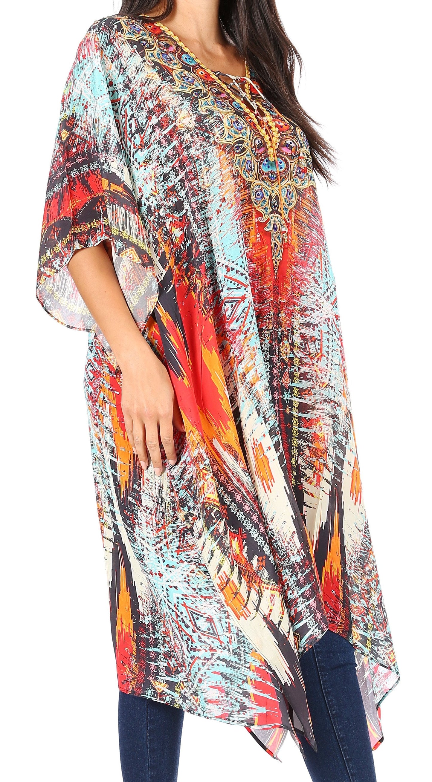 Sakkas Kristy Long Tall Lightweight Caftan Dress / Cover Up With V-Neck Jewels - Concordia Style Boutique