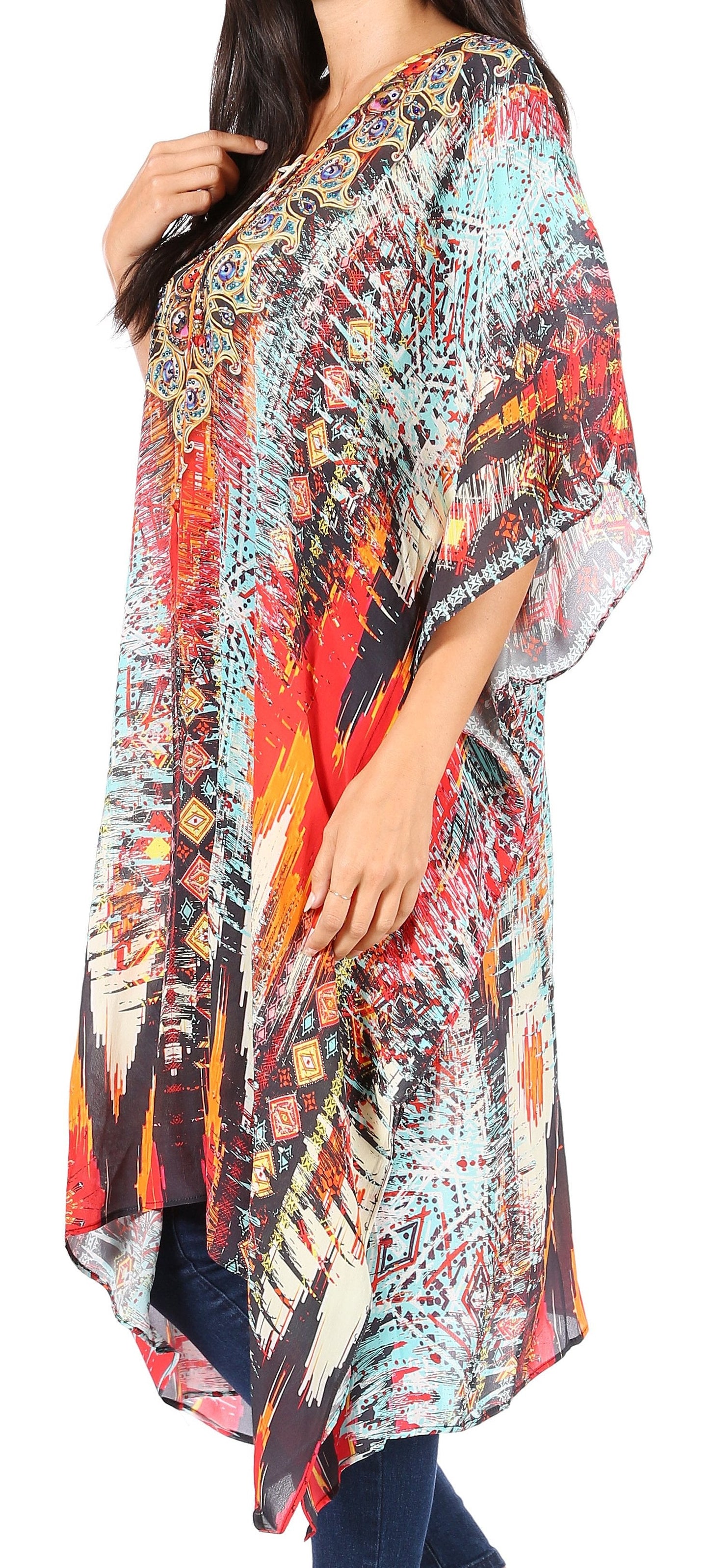 Sakkas Kristy Long Tall Lightweight Caftan Dress / Cover Up With V-Neck Jewels - Concordia Style Boutique